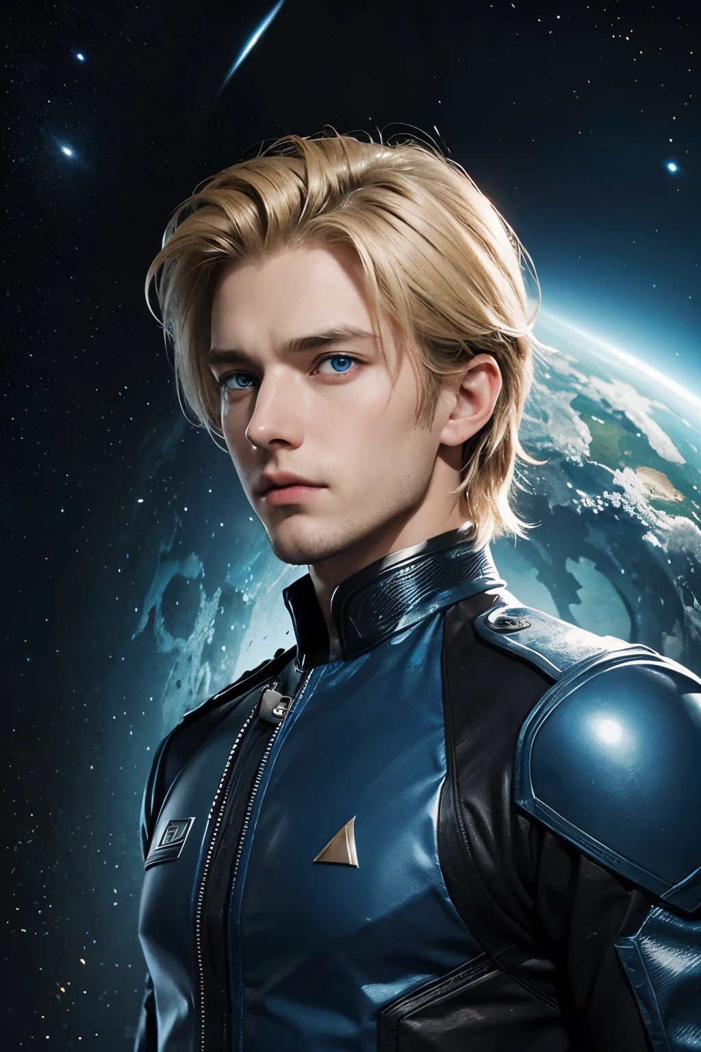 A handsome man. Late twenties. Blonde hair and blue eyes. The man is looking at the camera with a serious expression. The man wears a blue-black metallic combat uniform. An image of a multidimensional universe in space behind him.