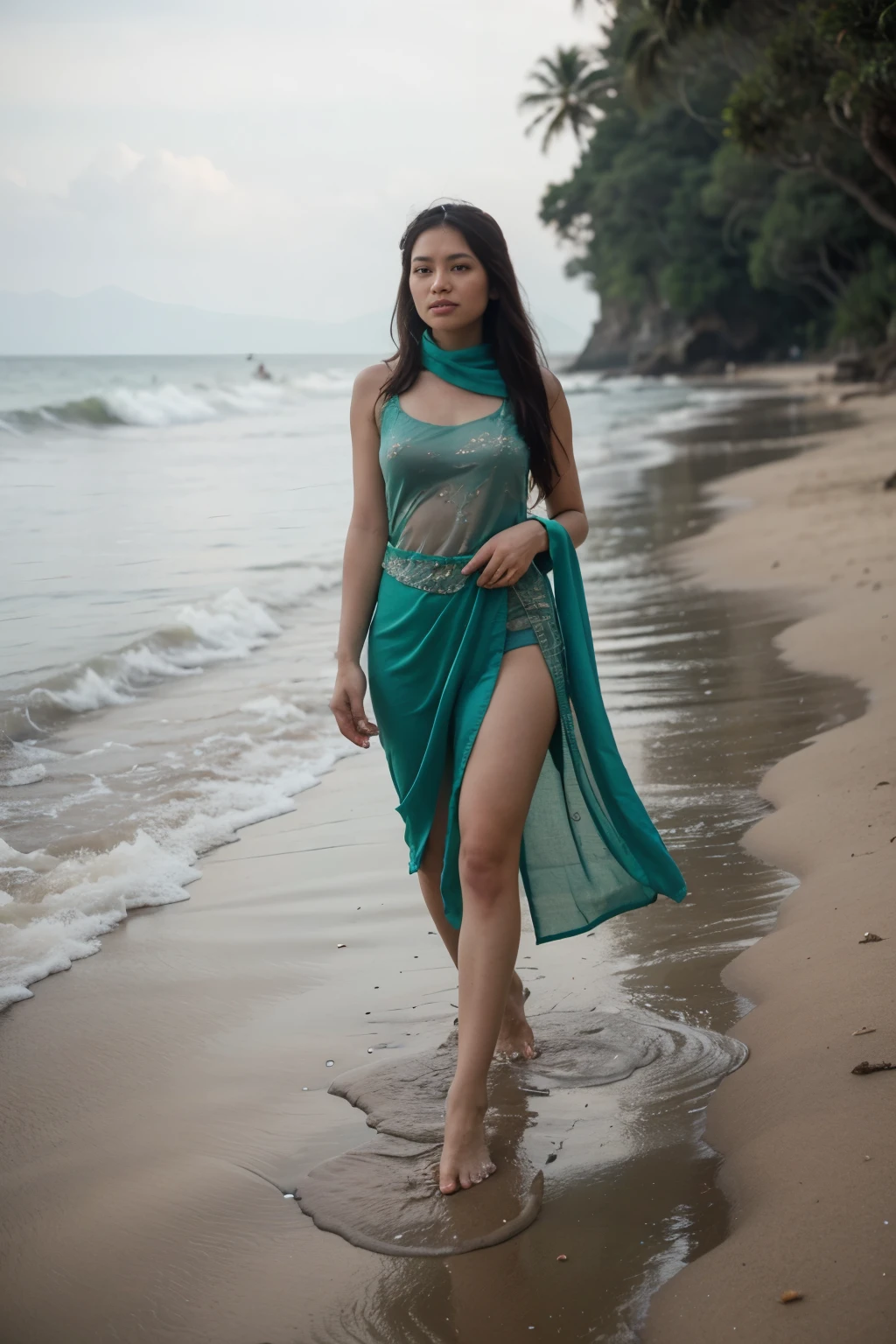 The Javanese sea queen wearing a long tank top and a green shawl walks on the beach