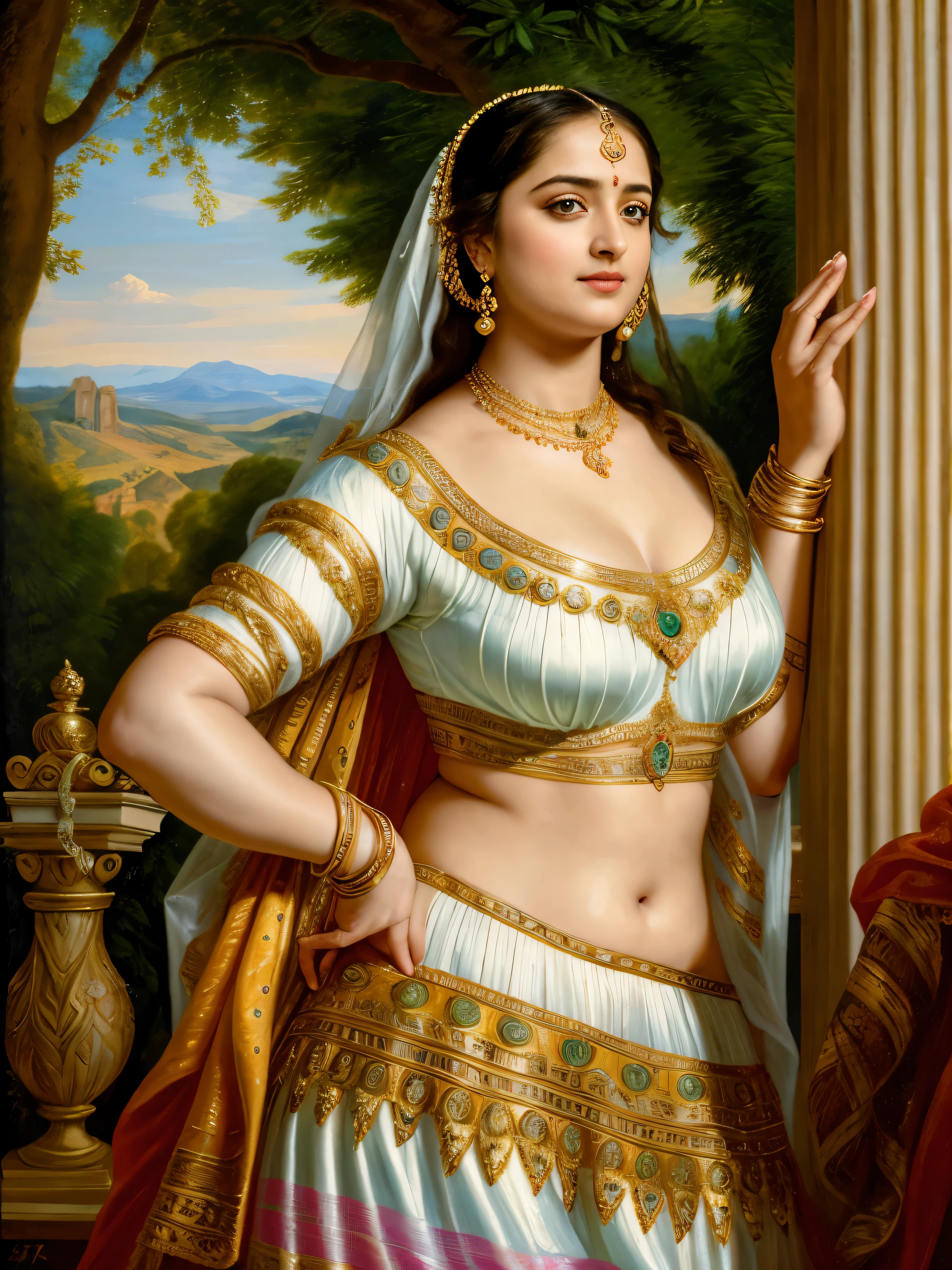 Looks like Anushka Shetty, Masterpiece, Best quality, high clarity eyes, beautifully styled hair, critically flawless,sharp picture, Full portrait, High pixels, perfect face, perfect eyes, beautiful face, perfect hands,perfect fingers, in Peter Paul Rubens style, by Peter Paul Rubens, baroque style, acrylic on canvas, highly detailed, description: "Create a nymph inspired by the tales of Greek or Roman mythology, embodying the essence of a natural element or location, and possessing a unique ability or trait that sets her apart."