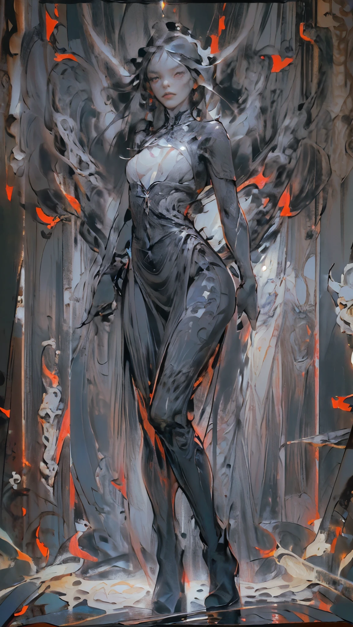 (((Create one girl 16+), (smoke, fire), (fantastic scene), (dramatic, lighting)))_(((Small miniature, full height), (thin graceful body, full height - standing) , (modern weapons), (beautiful figure)_(16+ years)))_(((Very beautiful girl, small peach breasts, graceful figure, narrow waist, smooth hips)), ((long double braids), ( tight braids), (braided hair), (dark hair, black hair)))_((Scarlet lips)), ((smile)))_(((Shiny skin:1.5, white skin)))_((sexy ), (??????), (cute, kawaii)))_(((Bare shoulders, black lace dress)), ((black chiffon dress, very short dress))_(((tight-fitting), (sheer lace dress )), ((stands almost completely with a small amount of clothing)), ((tiny thongs)), (arms in elbow pads, palms wearing tactical gloves), (legs in combat knee pads, thigh-high stockings)), ((massive leather lace-up boots)), ((looks at the viewer)))_(((Dark background, realistic painting, digital painting, high quality))_((Background, fantastic ship lock, (films; Lucas Arts, R.S. Giger "Alien", Giger's monsters)), (stunning scene in a spaceship)), ((decorative dark background)), ((stunning white alien lilies), (extremely unusual)), ((spaceship, skulls)) , ((white lilies - large stems)))_(((Bright colors, cool soft shadows), (warm contrasting light, bright theme)), ((high contrast, photorealistic graphics: 1.37)),((digital painting, oil painting, wide wet stroke)), ((painting-professional execution)))_ (((Cinematic, digital painting), (soft clear forms, wide stroke, attention to detail), (clear elegant line, color fill)) )_(((High quality, 16K | Ultra HD | Full HD, cinematic rendering))).