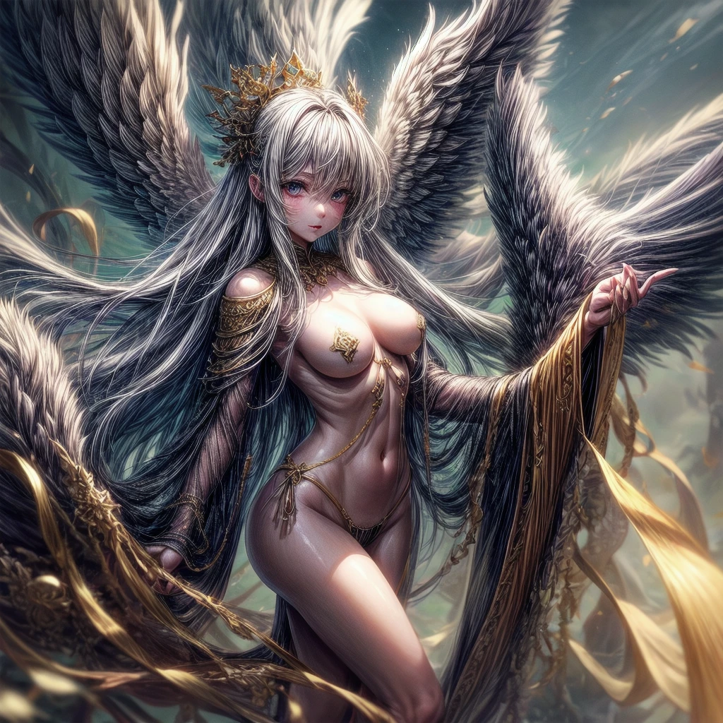 heavenly place, angel female, very lightly, sensual attire, translucent attire, alluring glaze, alluring pose, (softly nudity:0.9)