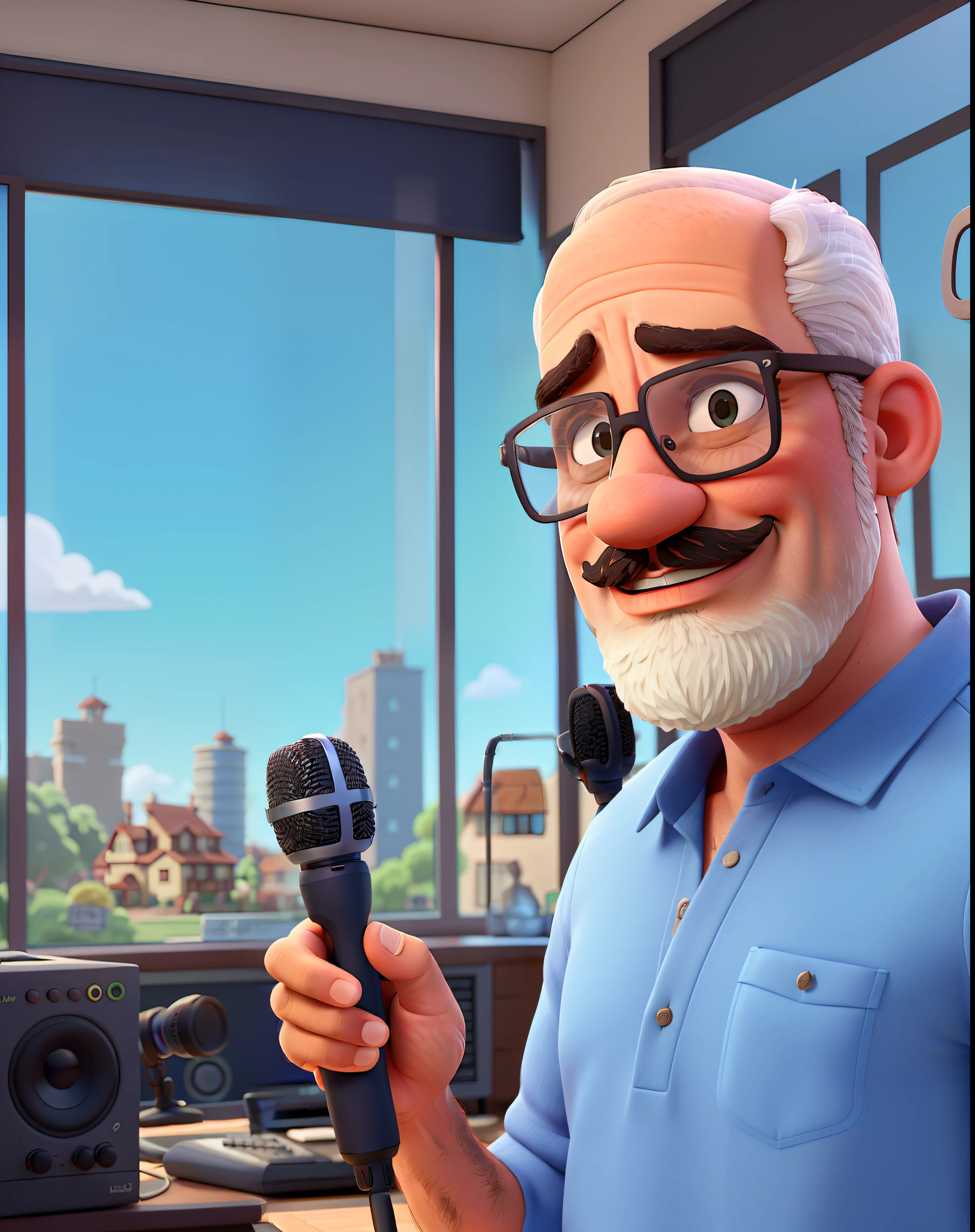 a 54 year old man, careca, con barba y bigote ligeramente grises, Usando gafas delgadas, in front of a microphone, Inside a recording studio, usando auriculares, and in the background a large glass window that shows a beautiful blue sky day.