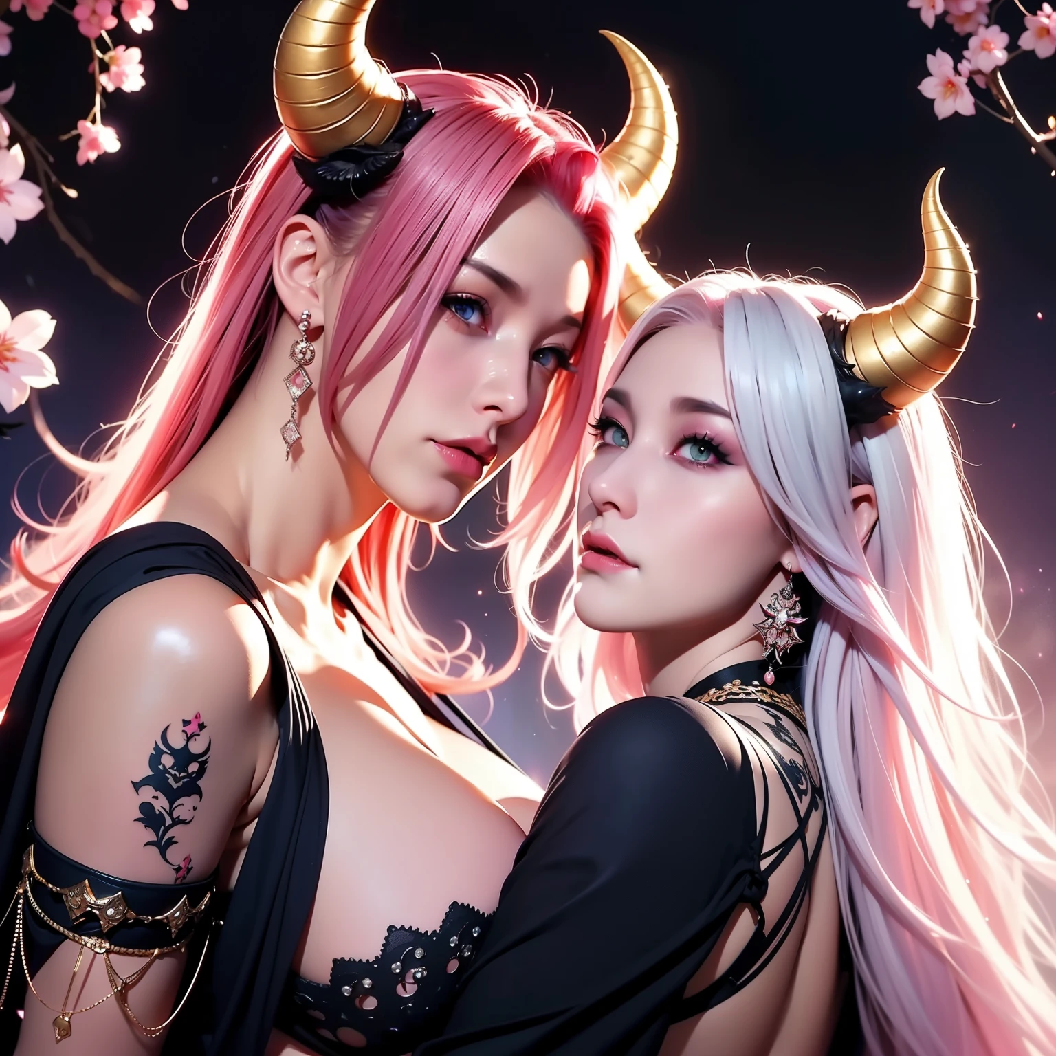 two women, Demons, oni horns, black angel wings, tattoo sleeves and piercings, accentuated super huge enormously gigantic tits, cleavage showing(woman with pink hair with black horns and moonlight eyes)(second woman with white hair moonlight eyes and golden horns) cherry blossoms blowing in the wind 