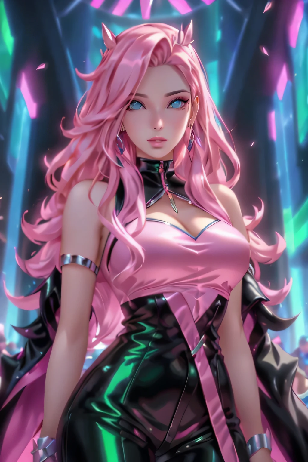 (pink hair: 1.1, green eyes: 1.1, sexy pose: 1.1, singer: 1.1, hair with pink highlights: 1.1, shiny, black leather outfit, powerful, queen). She exudes confidence and charisma with a microphone in hand, ready to captivate audiences with her mesmerizing voice. Her eyes glow an enchanting shade of green, drawing you into her world. Her vibrant pink hair, styled perfectly, cascades down her back, reflecting the sunlight and adding a touch of ethereal beauty. The bright lights illuminate her, highlighting every curve of her face, reflecting off her glossy lips. She wears a striking black leather outfit that accentuates and highlights her powerful presence, exuding a sense of strength and dominance. As the queen of her craft, she commands attention with her mesmerizing performance and leaves a lasting impression on all who witness her artistic talent.
