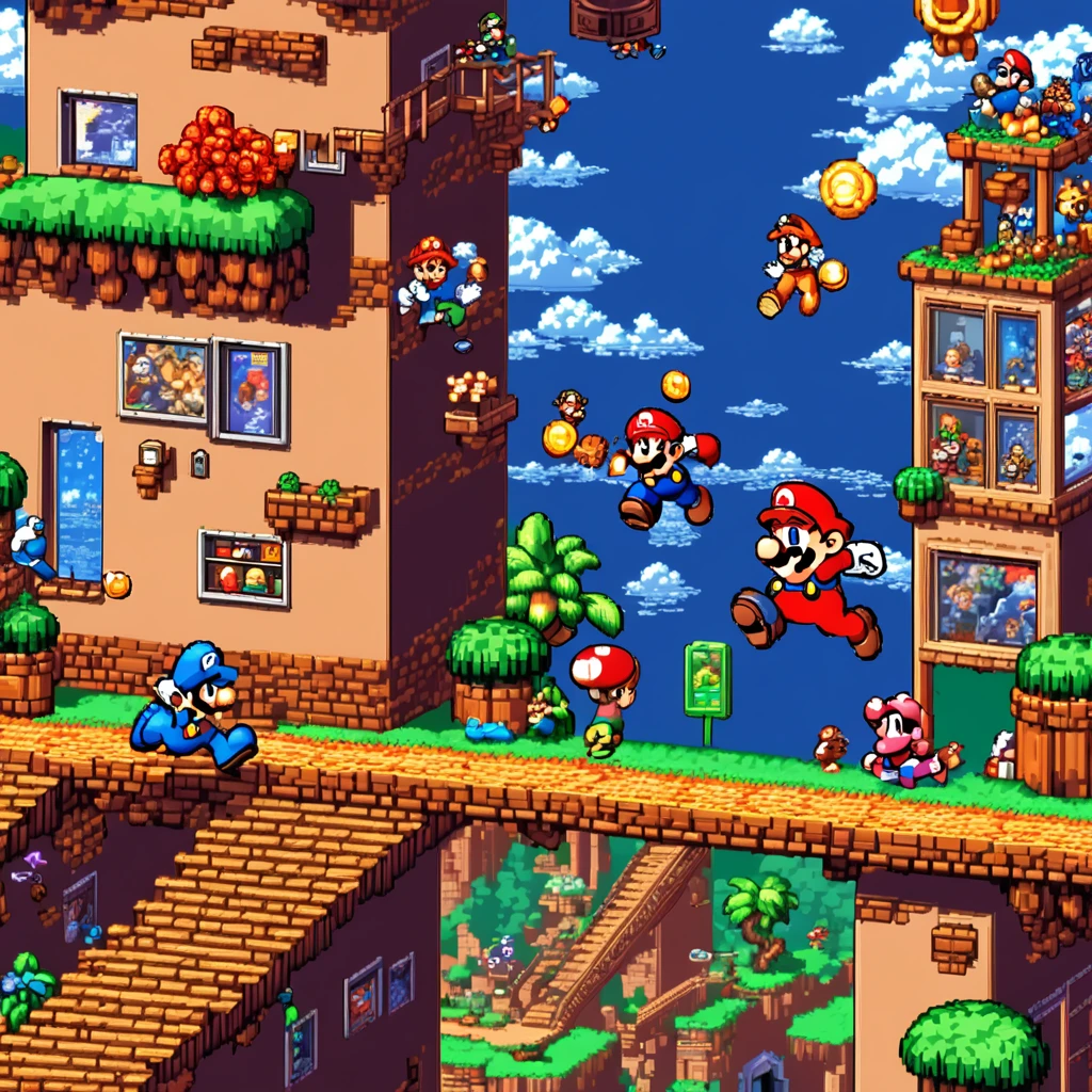 (super mario,rockman,mega man,retro game:1.1),(platform game:1.1),pixel art,old school graphics,(best quality,4k,8k,highres,masterpiece:1.2),vibrant colors,classic 8-bit sound effects,action-packed,exciting gameplay,adventurous levels,detailed backgrounds,playable characters,power-ups,enemies,tricky obstacles,adrenaline rush,jumping and running,iconic characters,collecting coins,bonus stages,multiplayer mode,fast-paced,retro gaming nostalgia