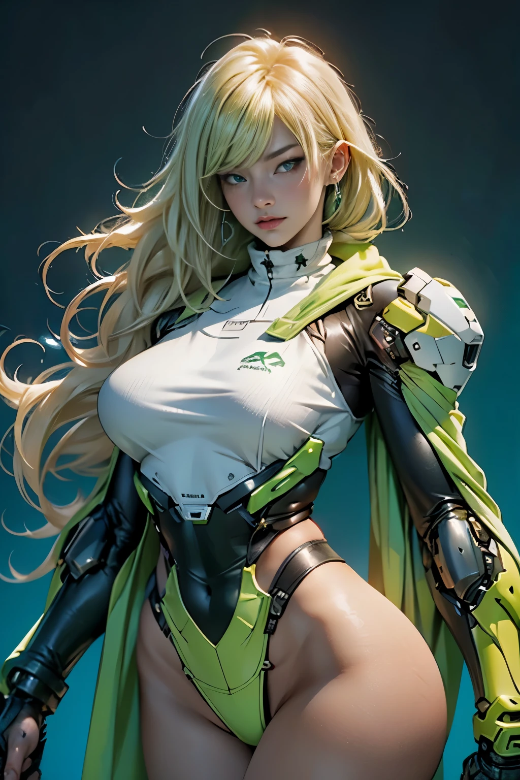 cowboy shot of samus aran, simple background,colorfull green and blue,blonde hair,cyberpunk ,thick thigs,thick,ample bosom