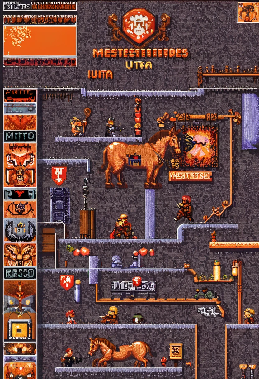 Retro Game, 8-bit pixel art, iconic retro game characters, RPG elements, retro-inspired game levels, (masterpiece, best quality, perfect composition, very aesthetic, absurdres, ultra-detailed, intricate details, Professional, official art, Representative work:1.3)