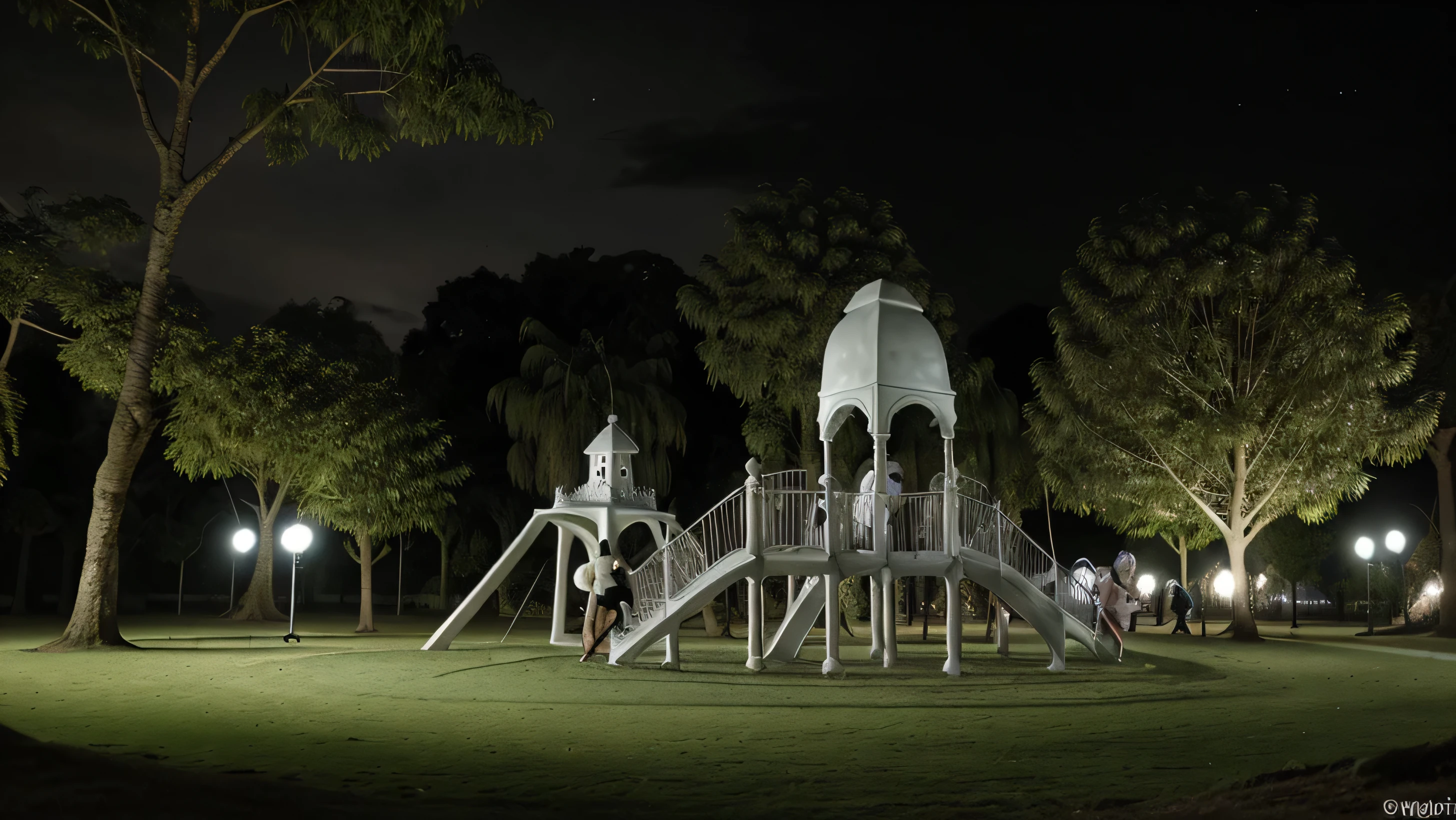 Fantasma en parque jugando solo en columpio de noche