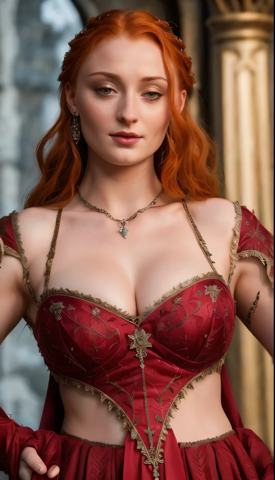 The face of Sophie Turner, Sansa Stark played by Sophie Turner, the de facto Lady of the Eyrie, is a 22-year-old mature queen with a stunning appearance, attractive appearance. full face, pierced eyes, reddish lips, upper body shot, erotic medieval costumes, Game of Thrones costumes, She wears a Game of Thrones style costume and has a deep cleavage, a perfect thick body, and a perfect thick figure. The photograph shows her in close-up, her skin texture and facial features are ultra-realistic and realistic.