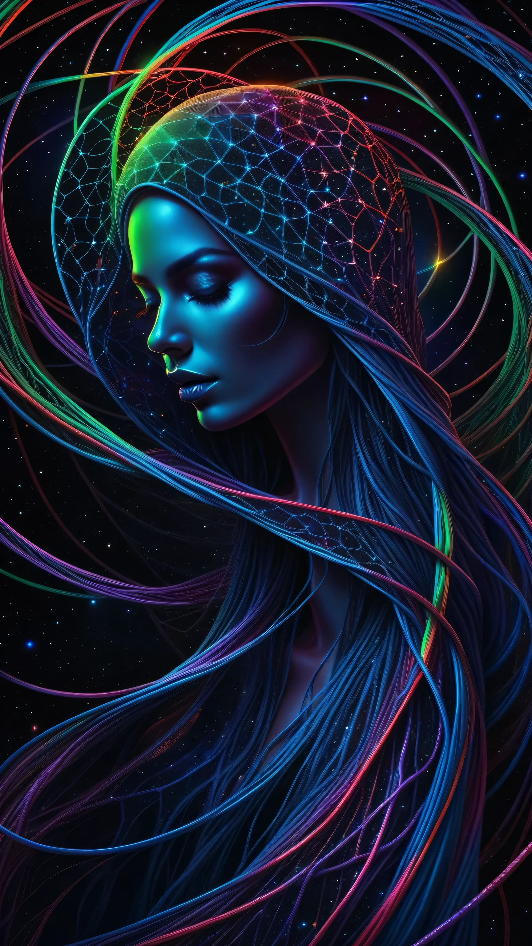 cartoon style, masterpiece, best quality, ultra high res, extremely detailed, (psychedelic art:1.4), woman, veil, visually stunning, beautiful, award-winning illustration, cosmic space background, ethereal atmosphere, ultra quality, beautiful girl, cosmical concept, rainbow strings, rainbow skin, rainbow bloody veins growing and intertwining out of the darkness, nailed wire, oozing thick blue blood, sharp neon, veins growing and pumping blood, vascular networks growing, green veins everywhere, yin and yang, glowing space, glowing stars, infinity symbol