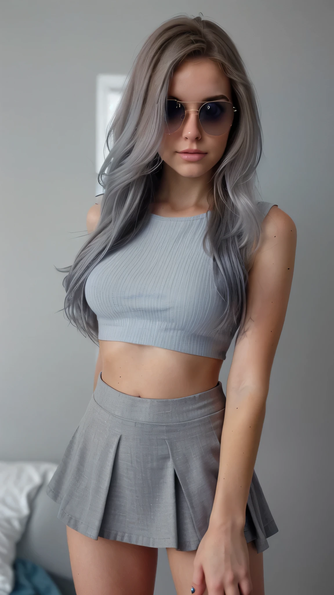 A close-up selfie of a pretty young woman taken with an iPhone camera. The woman looks very beautiful, with her hair in a 1.3 ombre style in shades of grey-blue. The photo has a film grain effect and medium quality.Mini skirt, crop top