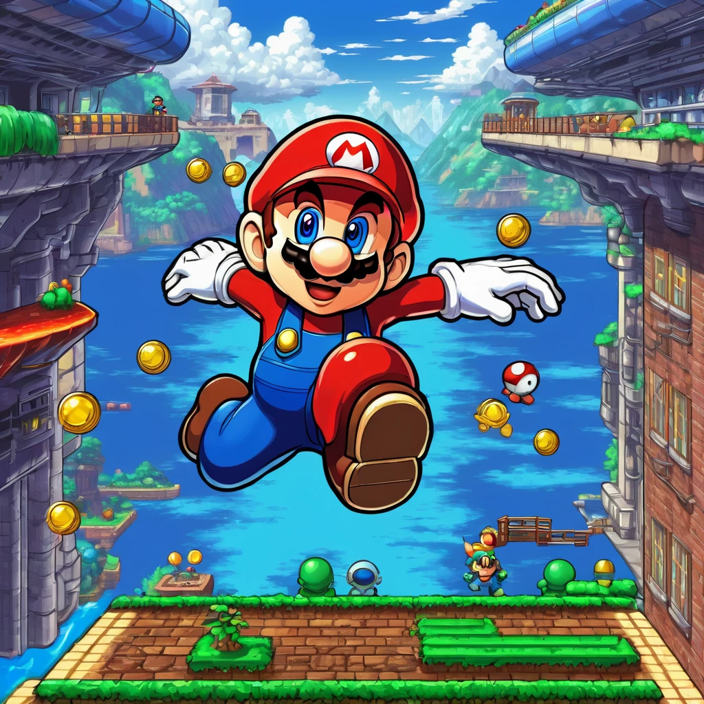 (super mario,rockman,mega man,retro game:1.1),(platform game:1.1),pixel art,old school graphics,(best quality,4k,8k,highres,masterpiece:1.2),vibrant colors,classic 8-bit sound effects,action-packed,exciting gameplay,adventurous levels,detailed backgrounds,playable characters,power-ups,enemies,tricky obstacles,adrenaline rush,jumping and running,iconic characters,collecting coins,bonus stages,multiplayer mode,fast-paced,retro gaming nostalgia