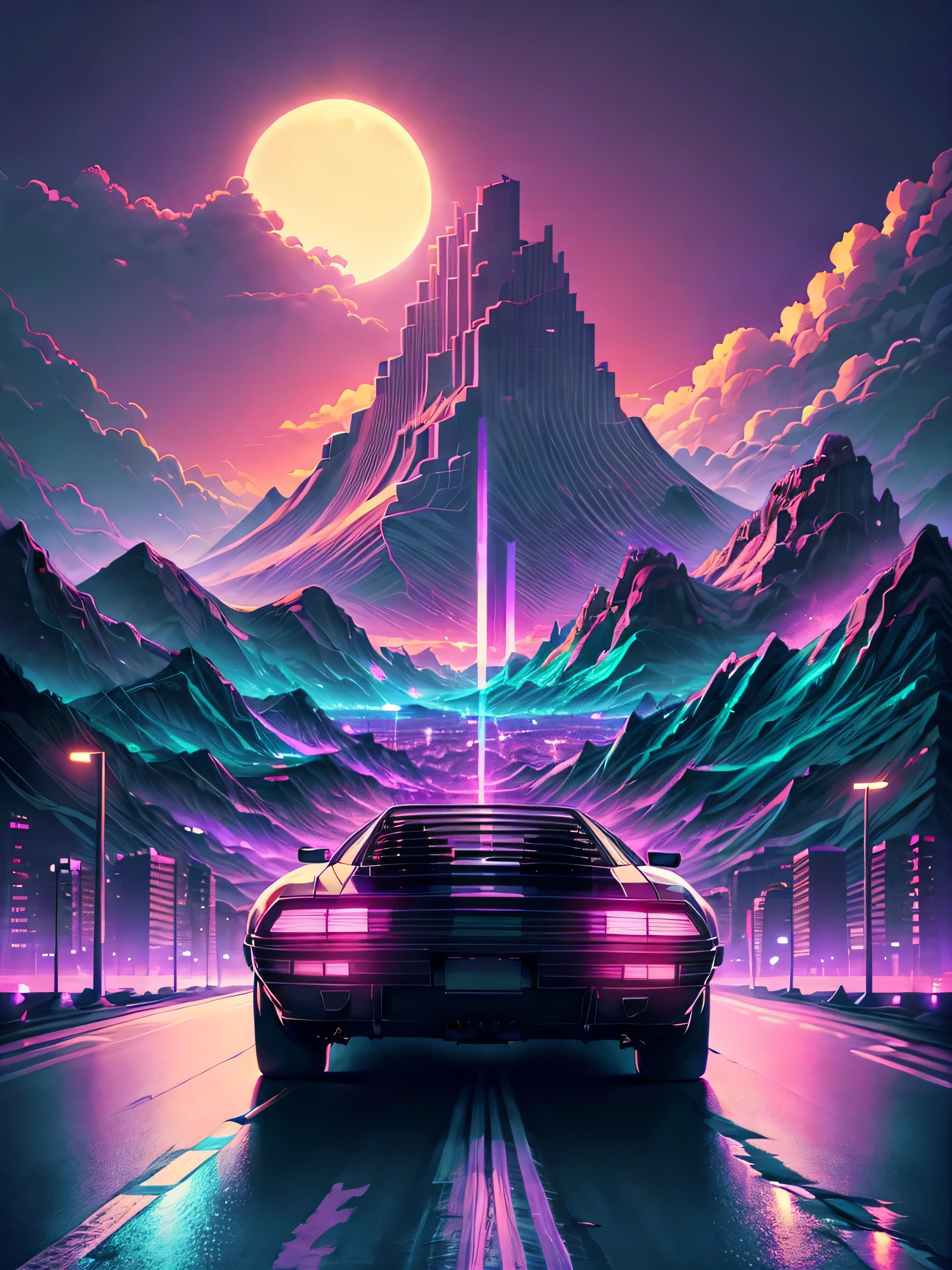 retrowave. city, car, road, purple neon lights, sun, mountain,
(masterpiece,detailed,highres),