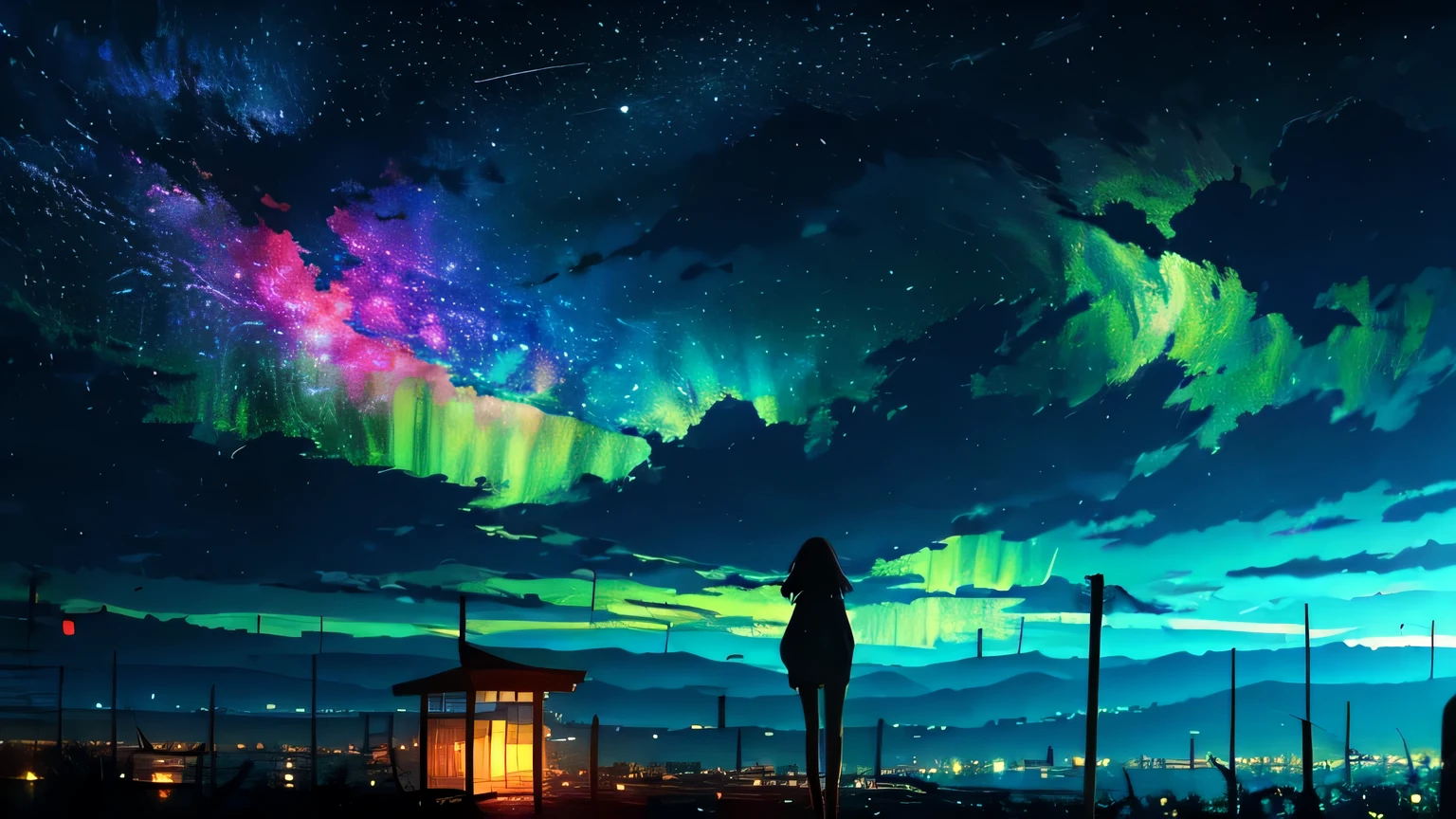 Anime girl standing on the rooftop and looking at the night sky with stars and rainbow, rainbow starry night, colorful giant rainbow, anime wallpaper 4k, anime wallpaper 4 k, 4k anime wallpaper, anime art wallpaper 8k, anime art wallpaper 4k, anime art wallpaper 4k, anime style 4k, makoto shinkai cyril rolando, 4k manga wallpaper, anime wallpaper, awesome wallpaper, shooting star