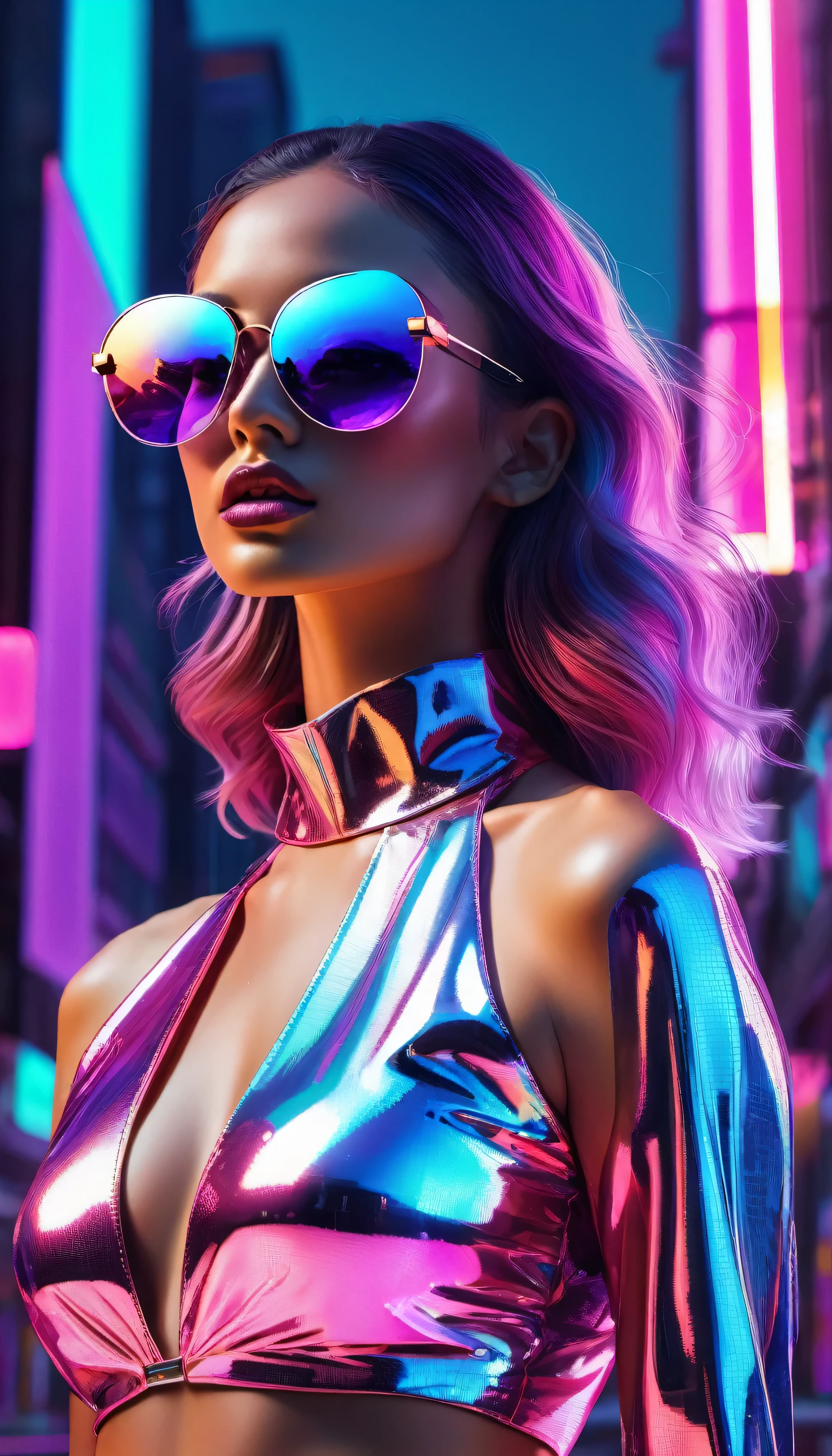 (highres,ultra-detailed),vaporwave aesthetics,luxurious,futuristic,neon colors,glowing lights,reflective surfaces,rainbow gradients,retro,fashion-forward,vibrant patterns,women posing confidently,metallic fabrics,shiny holographic textures,geometric compositions,pink and purple hues,cyberpunk-inspired,3D-rendered elements,urban cityscape,neon signs,reflective sunglasses,crystal clear water,glistening poolside,high fork swimsuits,statement accessories,oversized visor sunglasses,digital glitch effects,mirror reflections,dynamic poses,striking contrasts,bold makeup,edgy hairstyles,effortless elegance,lithe,graceful movements,celebrating individuality,empowering femininity.