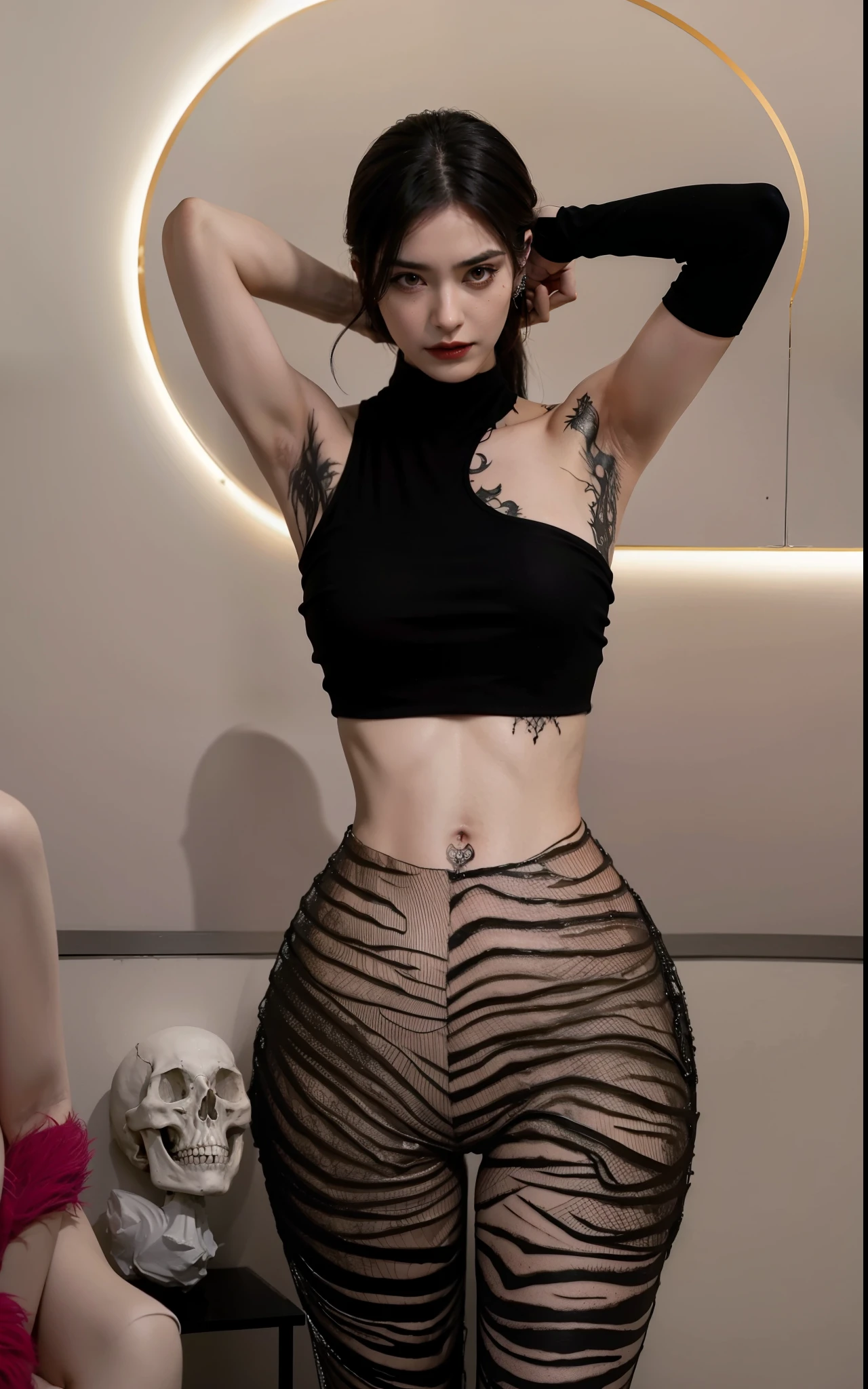beautifully，Picture of box full of swords,wing, succubus theme，fallen angel，Excellent，scary，secret horror，tentacle，have eyes，uncanny valley effect，blood moon，skull skeleton，vampire，Hellfire，female devil，Swarovski crystals，vampire公主，High quality facial details，Photo quality，luxurious，High-end aesthetics，Raise your hands to touch the back of your head，Put your hands behind your head，Show armpits，armpit tattoo，There are tattoos on the arms，The stomach has abs，Showing belly button，Wearing a sheer jumpsuit