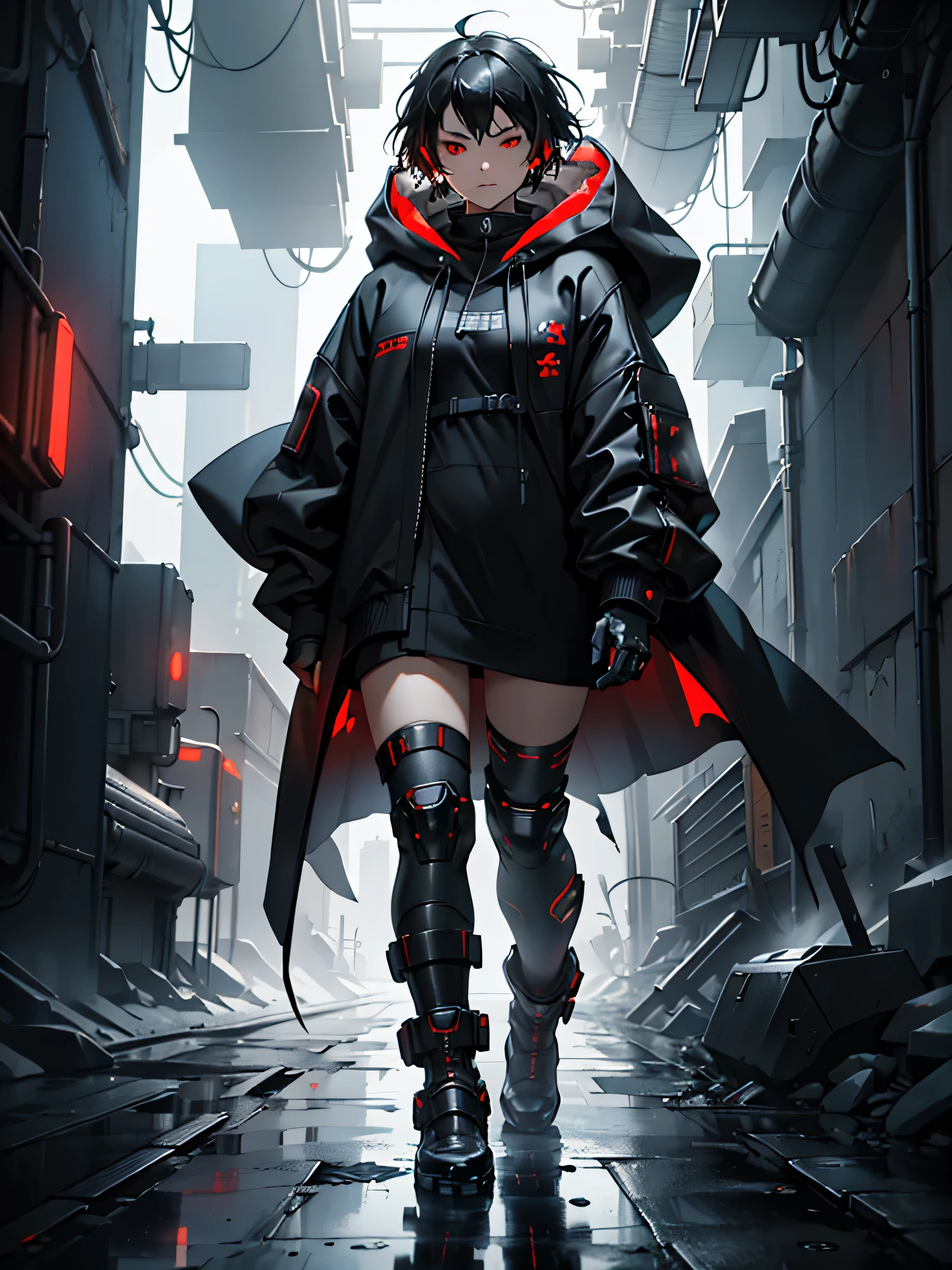 a girl with short hair, black hair, red eyes, full-length, dressed in a black raincoat with a hood on her head, from under the cloak you can see a black-and-white cyberpunk suit and rough-shaped cyberpunk high boots. A girl stands in a soap bubble with a transparent iridescent shell on a background of space