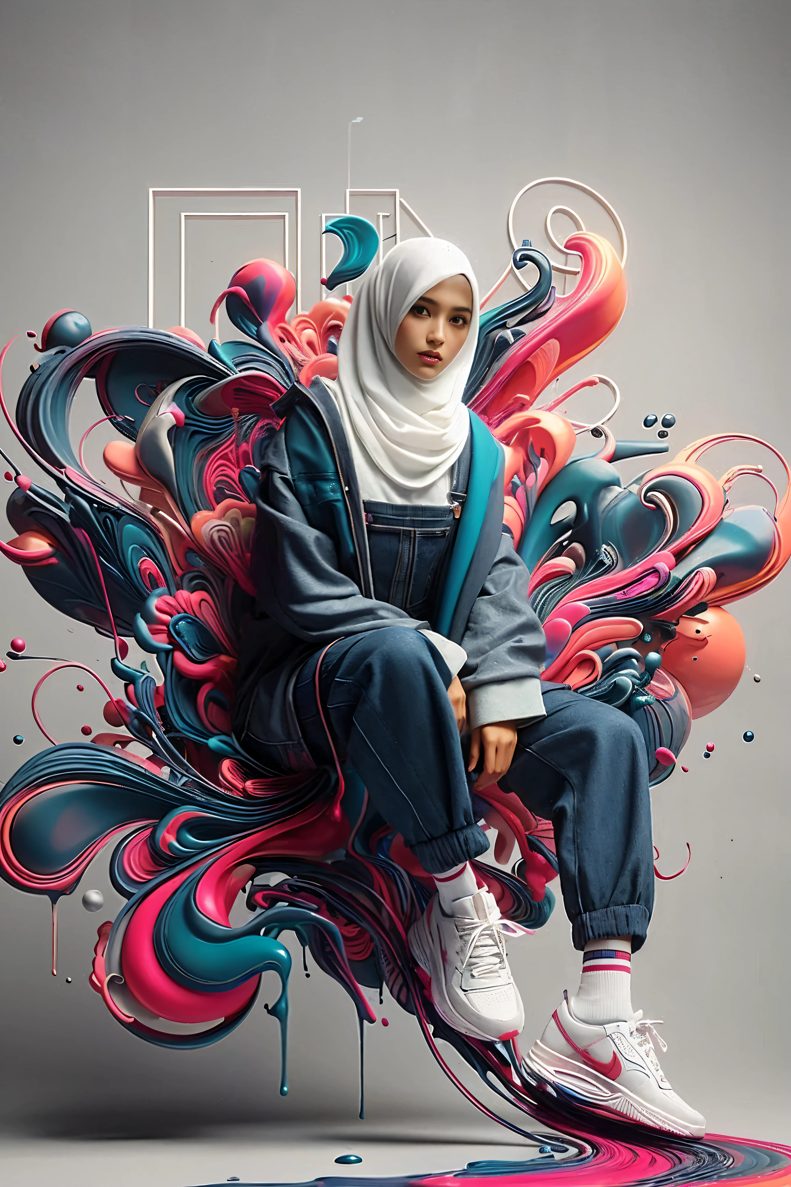 a woman in hijab sitting on a skateboard with colorful paint, in style of digital illustration, style hybrid mix of beeple, beeple. hyperrealism, digital art style, photoshop art, beautiful digital artwork, in style of beeple, beeple style, stunning digital illustration, detailed digital 3d art, digital art render, great digital art with details