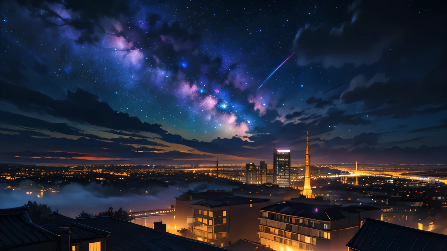 (highest quality,4k,High resolution,masterpiece:1.2),Super detailed,realistic,Anime girl standing on the rooftop and looking at the night sky with stars and rainbow,rainbow starry night,anime style art,detailed and beautiful eyes,beautiful detailed lips,highly detailed eyes and face,long eyelashes,Bright colors,Portrait,landscape,cityscape,huge full moon,Quiet and calm atmosphere,A majestic skyline lined with towering buildings,Feeling of peace and calm,detailed architectural silhouette,still air,soft gentle wind,light clouds and fog,bright starry sky,Sparkling stars,breathtaking starry sky background,wonderful bright rainbow,Gently shining rainbow colors,Shooting stars crossing the sky,A crisp and clear view of the night sky,Gorgeous anime art wallpapers,Fantastic and dreamlike environment,Illustration inspired by Makoto Shinkai Cyril Rolland,Immersive and captivating scenes,Seductive anime girl with flowing hair,Calm and content expression,The city lights twinkle below,nighttime cityscape with glowing windows,A quiet and majestic rooftop view,Peaceful and enchanting atmosphere,Moments of thought and meditation,Deep tranquility and loneliness,Light pollution reveals distant galaxies and constellations,The awe-inspiring beauty of the universe,Heartwarming wonder and awe.