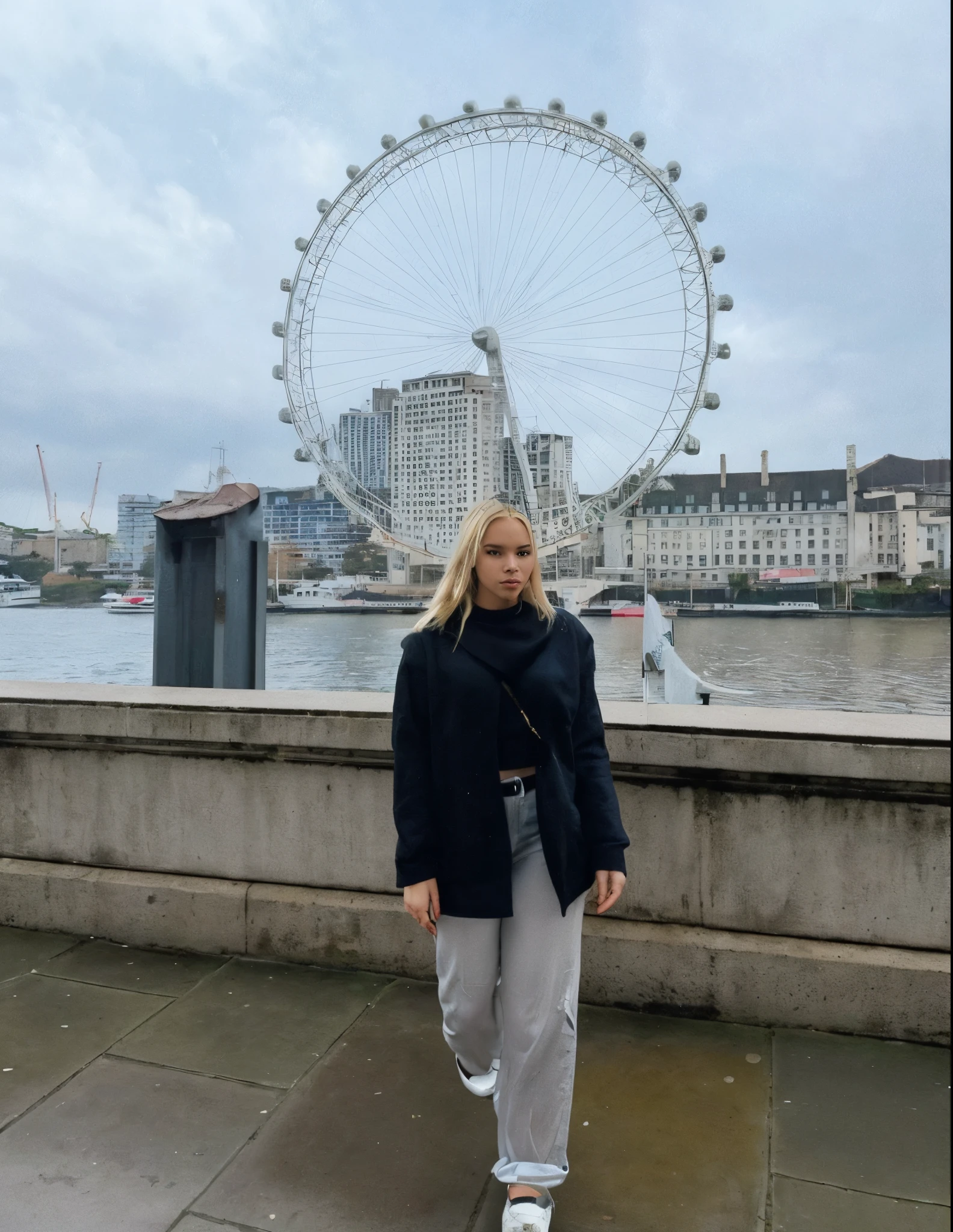Make blonde Amanda this same pose wearing an identical outfit in an identical setting, cabelo loiro
