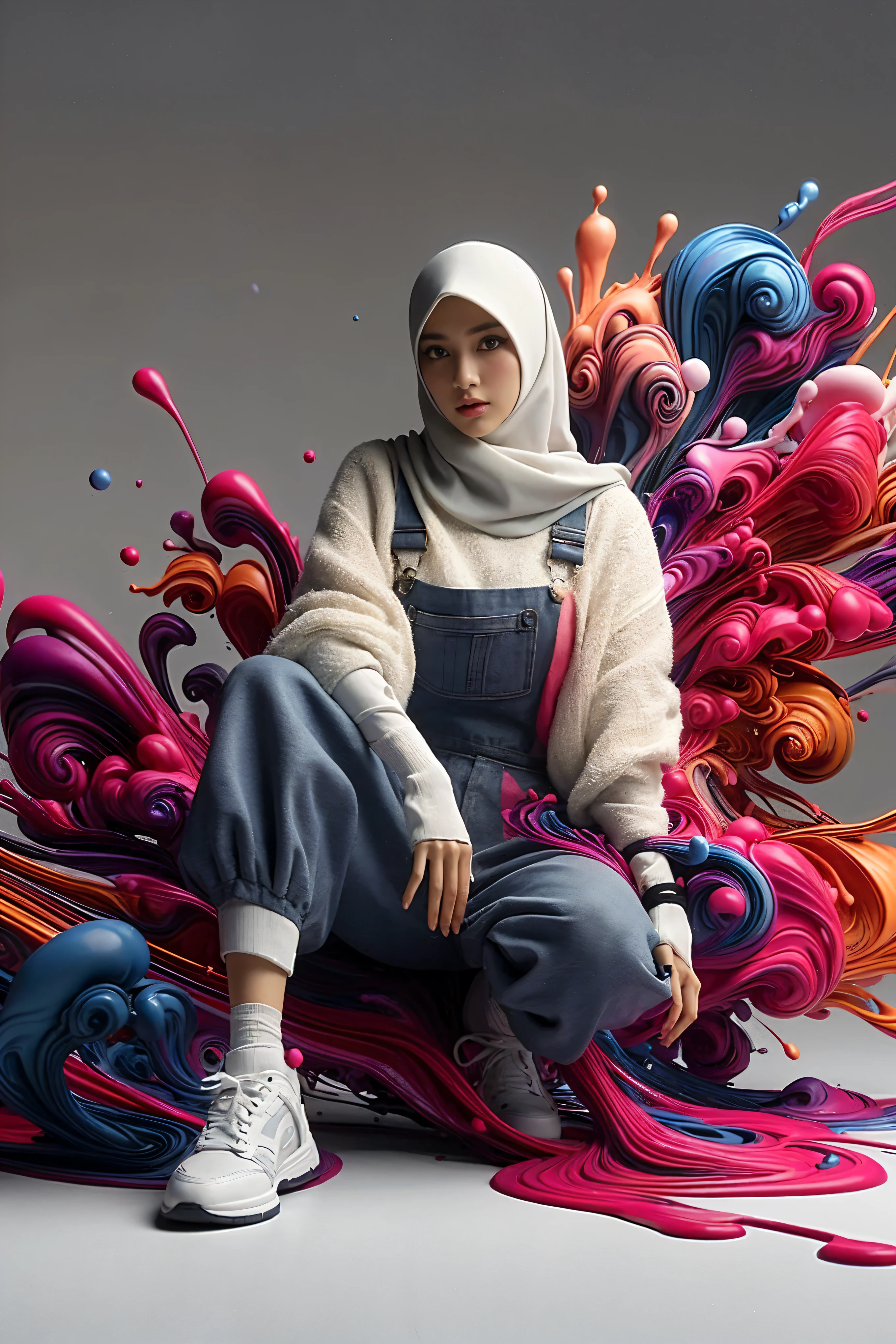 arafed woman sitting on a pile of colorful paint, style hybrid mix of beeple, beeple. hyperrealism, digital art render, detailed digital 3d art, beeple and james jean, beeple style, realism | beeple, beeple global illumination, stunning digital illustration, digital art style, beeple daily art