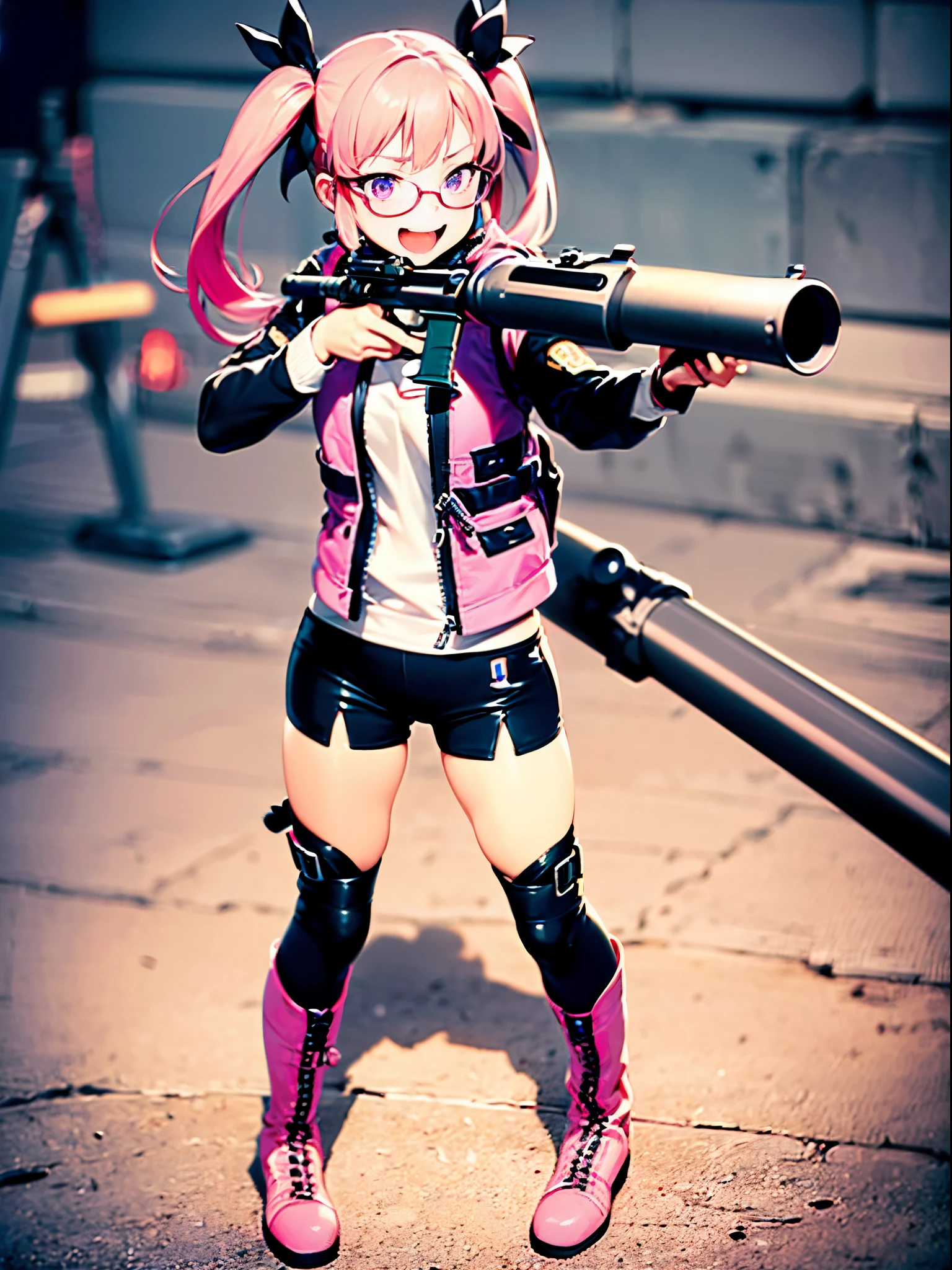 1girl, solo, solo focus, (hoodie, biker shorts, tactical vest, tactical boots), thighhighs, ((holding weapon, aiming, Carl Gustaf 84mm)), open mouth, wacky face, smile, :d, (pink hair, dark purple eyes, twintails, glasses)