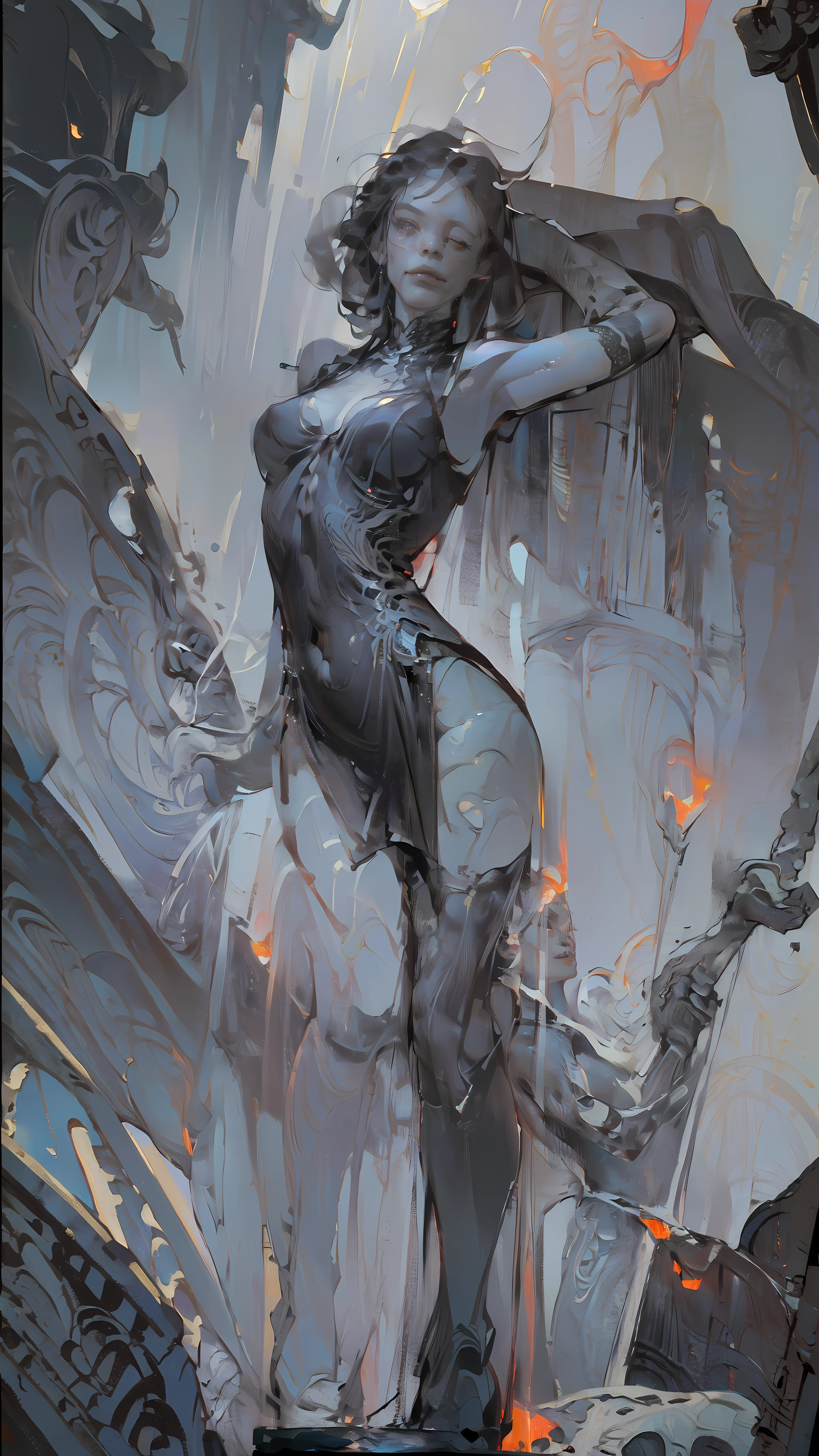 masterpiece, red_cloth, knight, black_marble, sculpture, golem_female, 1 girl, solo, faceless, no_face, black_cracked_skin, marble cracked, cracks, black_marble statue, full body, symmetrical, strong, muscle, intricate drawing, highly detailed, fluid, sharp focus ((better quality)) ((better face)) (better quality) ((fullbody art))