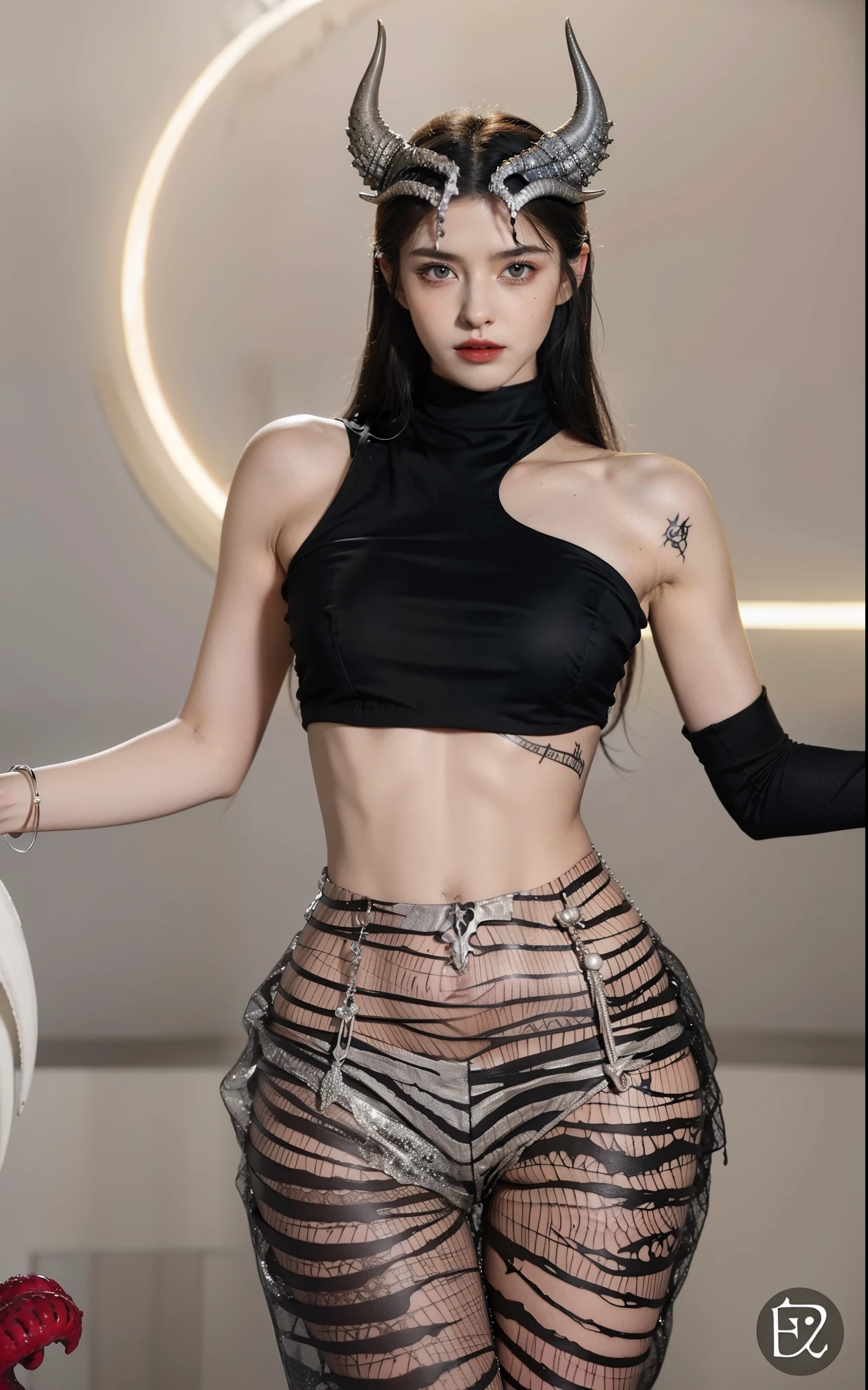 beautifully,Picture of box full of swords,wing, succubus theme,fallen angel,Excellent,scary,secret horror,tentacle,have eyes,uncanny valley effect,blood moon,skull skeleton,vampire,Hellfire,female devil,Swarovski crystals,vampire公主,High quality facial details,Photo quality,luxurious,High-end aesthetics,There are tattoos on the arms,The stomach has abs,Showing belly button,Wearing a sheer jumpsuit,
