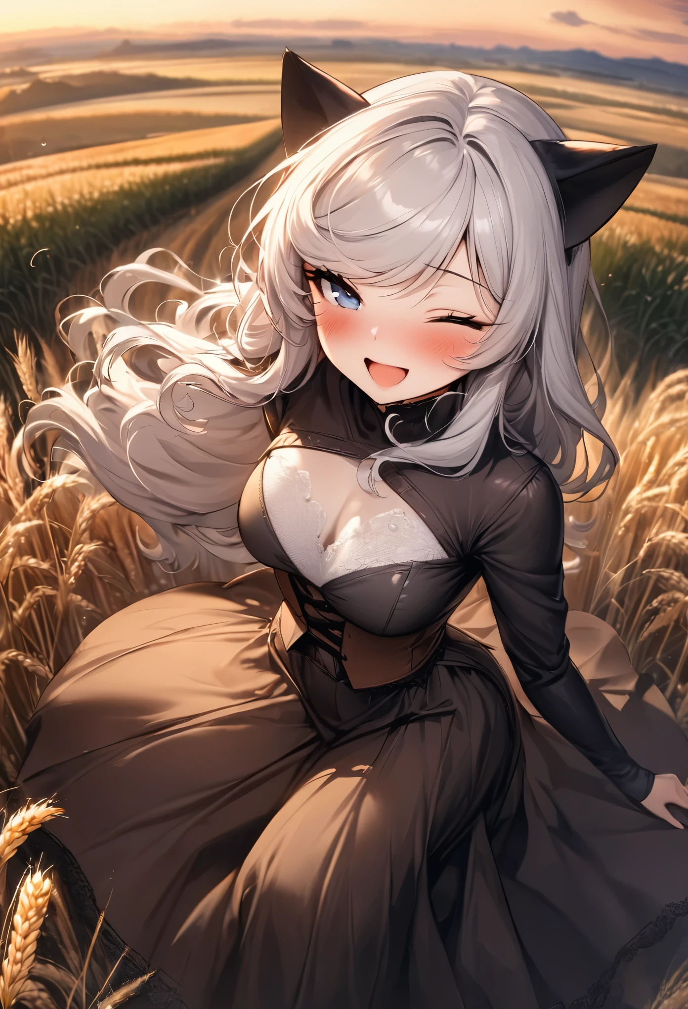 (Drawn by Lynn Okamoto),center frame, sharp focus, (panoramic, Wide-angle lens), best quality, masterpiece, Very detailed, Detailed background, (from above:1.2), 1 girl, catwoman,alone,,blue eyes,white hair, close one eye, Smile, open mouth, skirt, long hair, curls, aside, fluffy hair, , French , blush, Smile, Capulet, lace, corset, Sunset, long skirt, dusk, Wind景, golden sky, high place, horizon, wheat field, ears of wheat, Wind, Wind blow, looking at the audience, (depth of field), Bokeh, (Keep a flower:1.3), (Keep:1.2),(Moderate):0.5,，huge ，Too much，big and droopy，big ditty big ， （（（masterpiece）））， （（best quality））， （（intricate details））， （（surreal））