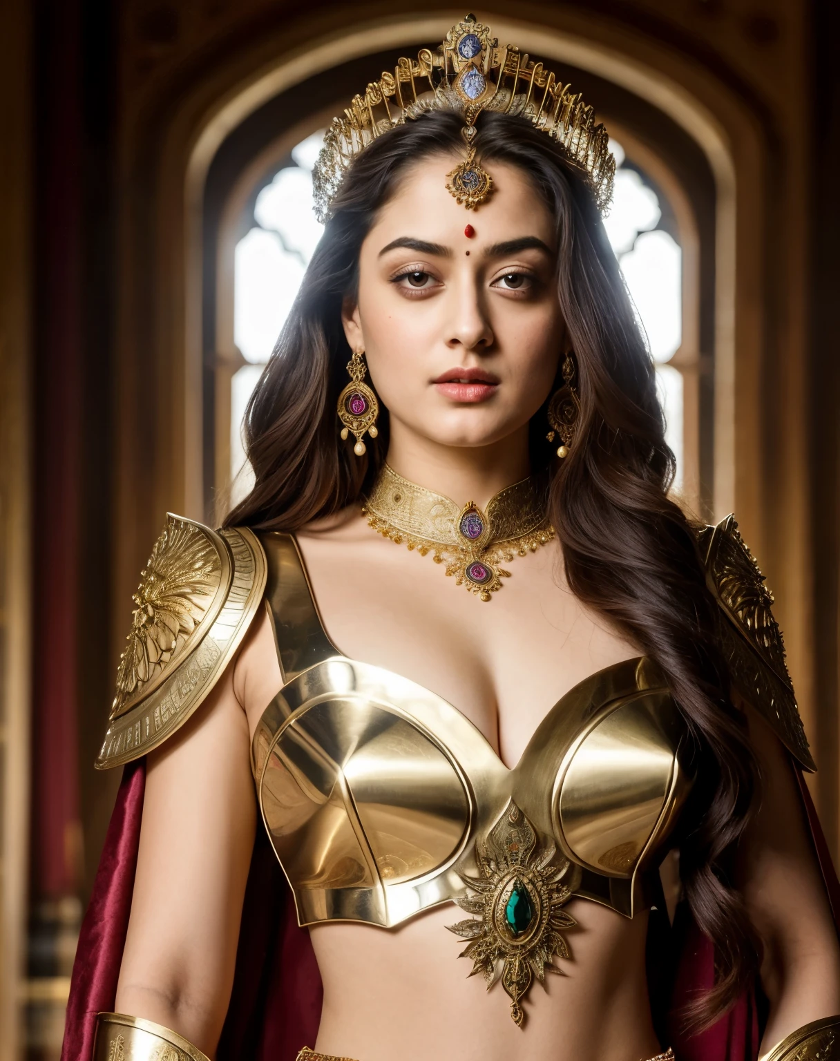 Looks like Sandeepa Dhar, "Design an illustration of a stunning and powerful warrior queen with a regal presence. She should possess a combination of strength and grace. Imagine her in ornate, yet practical armor that complements her figure. The armor should be adorned with intricate details and symbols representing her royal lineage and warrior prowess. Her weapon of choice could be a unique and elegant sword or a mythical weapon that reflects her status as a formidable leader.
Her facial features should exude confidence and determination, with piercing eyes that convey both fierceness and wisdom. The queen's hair, whether long or short, should flow dynamically, hinting at her movement in battle. Consider incorporating elements that emphasize her connection to nature or a mythical realm, such as ethereal backgrounds, symbolic animals, or mystical symbols.
Pay attention to the color palette; use rich, bold colors that enhance her royal aura. Experiment with lighting to highlight specific details and create a sense of drama. Ensure that her posture and expression capture the essence of a queen who commands respect and admiration. Feel free to draw inspiration from historical warrior queens or fictional characters, blending elements to create a unique and captivating image."