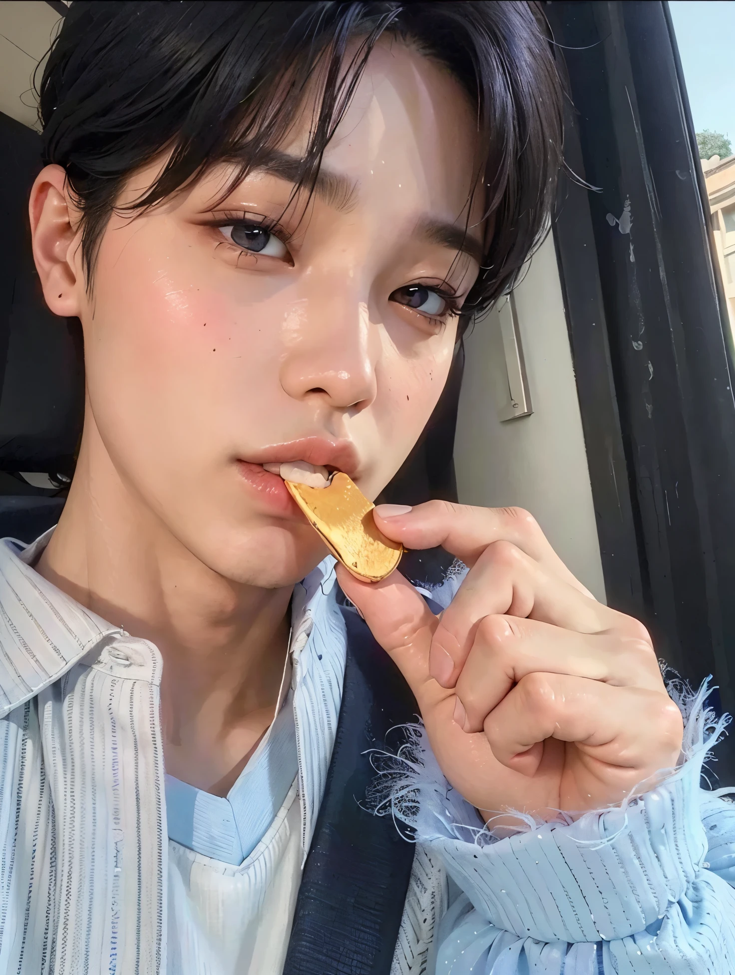 (best quality,ultra-detailed, highres,masterpiece:1.2),portrait,asian man with blue shirt and tie, Jimin,plump lips, Park Jimin-inspired aesthetic, swollen right eyelid of Jimin, Greek nose of Jimin, small forehead, small forehead, inspired by Bian Shoumin, elongated neck, vivid colors,soft lighting
