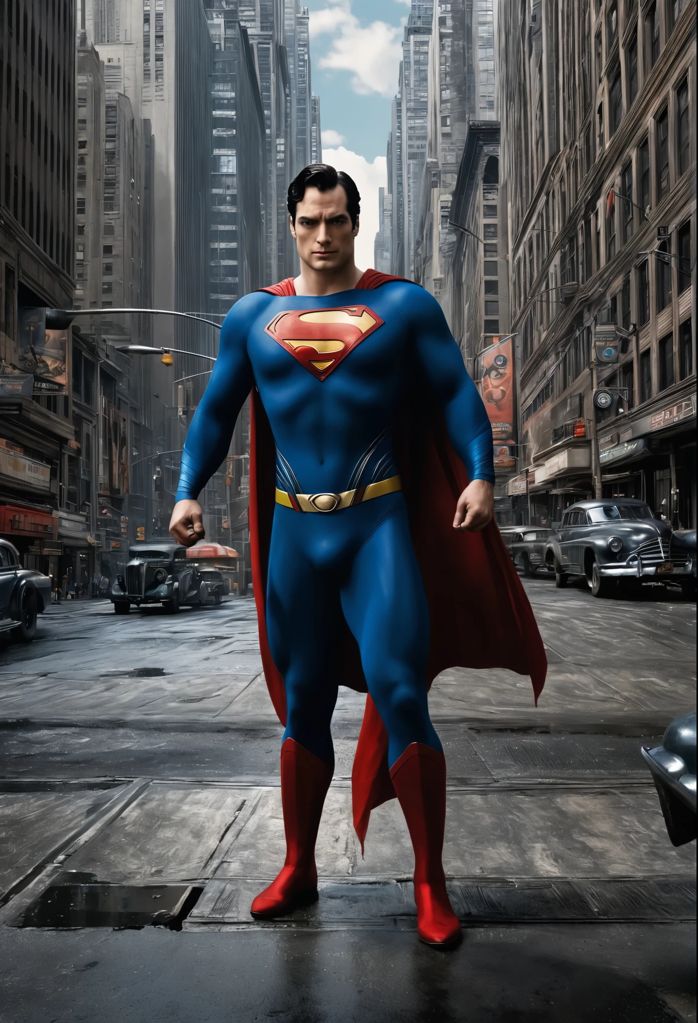 Beautifully drawn, high quality, Best quality, masterpiece, perfect photography, epic realism, superman in metropolis