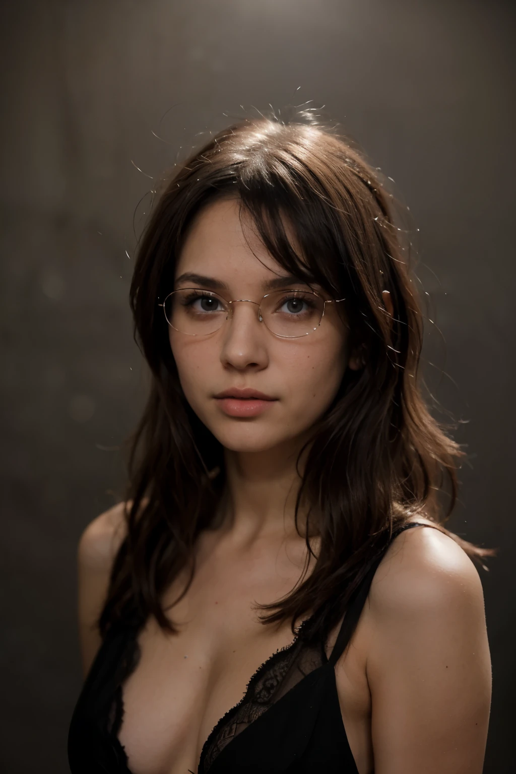 An 18 year old woman, cabello largo color marron, ojos de color marron oscura, lentes, marca al lado del ojo.