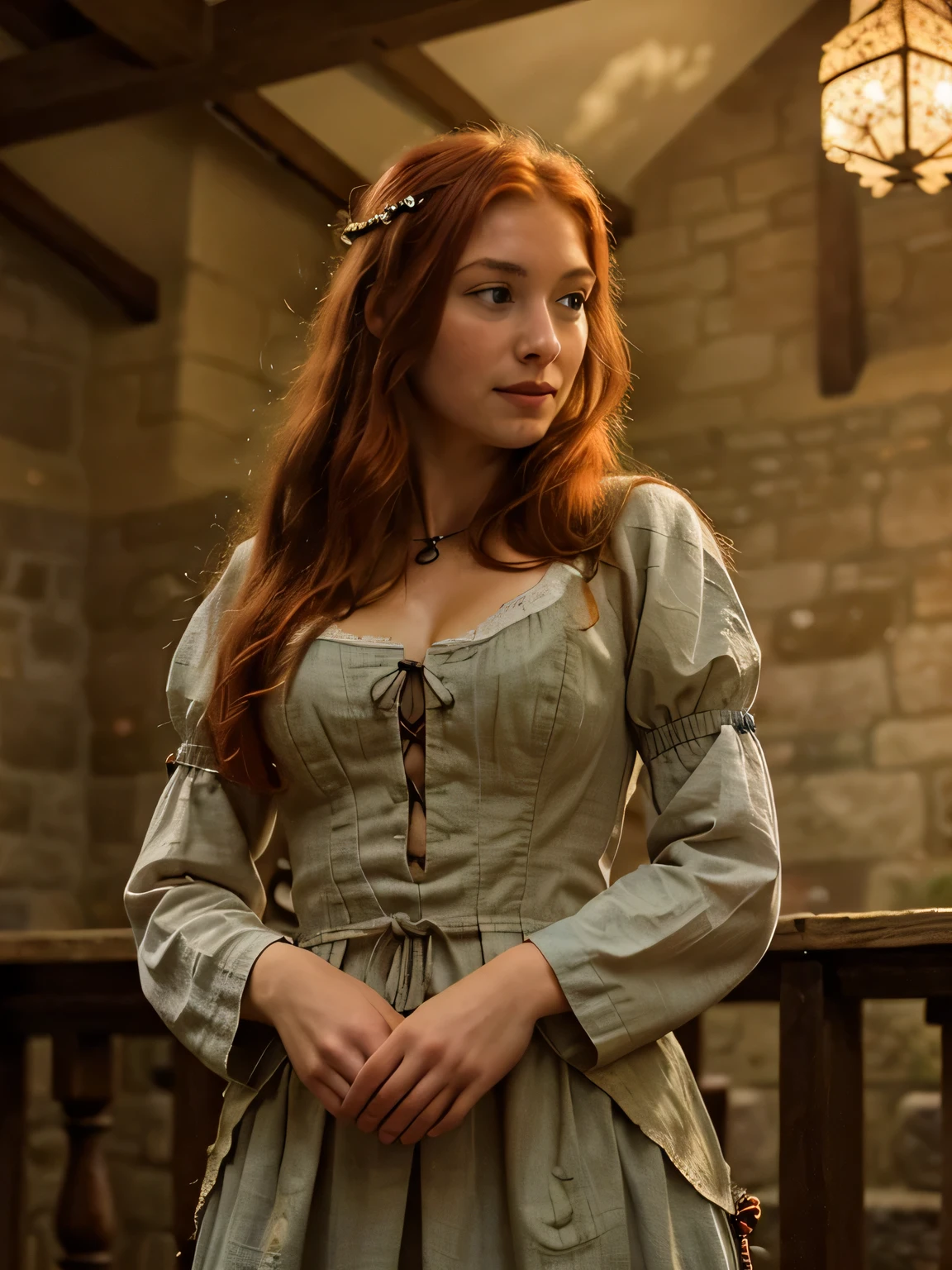 (A Beautiful woman), Blue Eyes, Upper Body Photo, Hyper realistic, Masterpiece, 8K, Intrincate Details, in the caucasian montains, Medieval Clothes, Detailed Clothes, Realistic Clothes, Red hair, Detailed Skin, Tranquility look, Tranquility Pose, Detailed Ambience, Night, Happy Expression, Interage in the ambience, Extraordinary Ambience, Film Grain, Masterpiece,