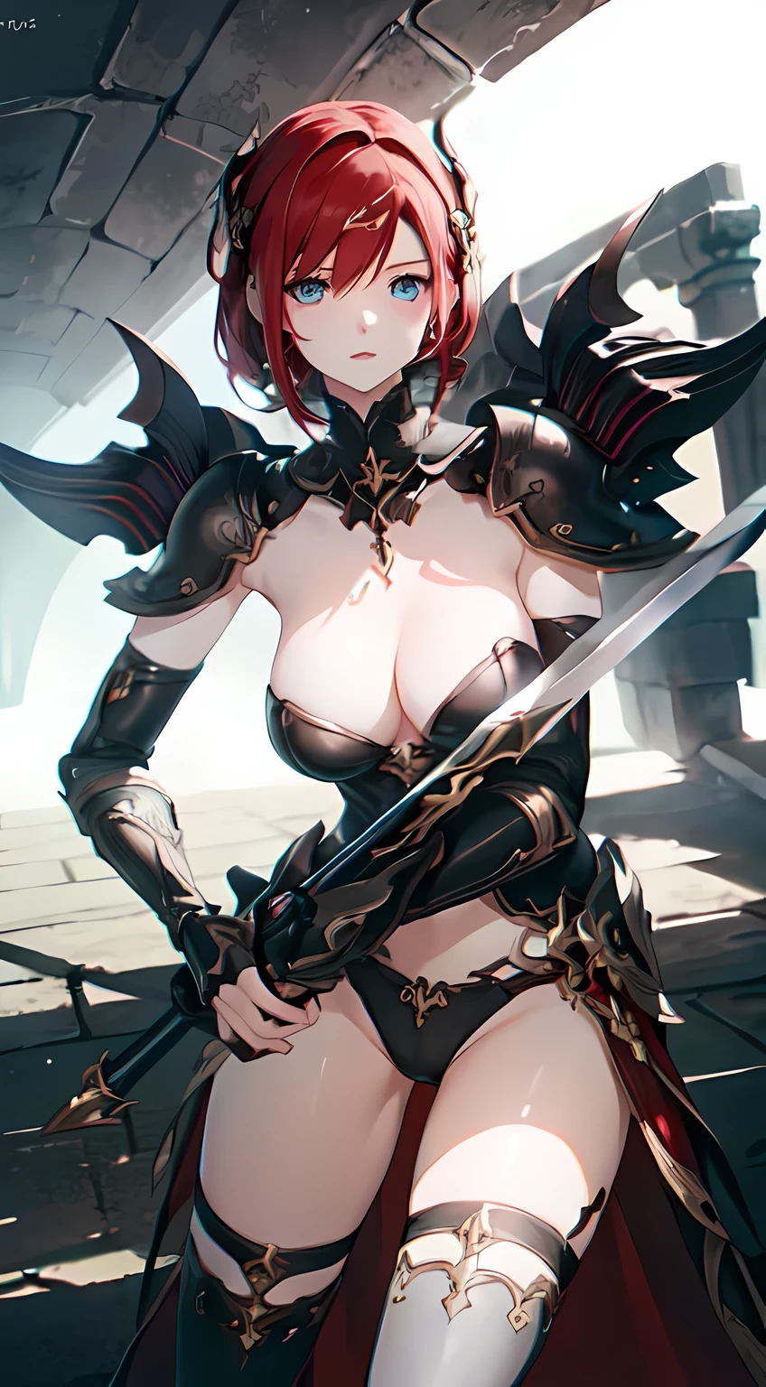 1girl, anime girl, white skin, red hair, straight hair, blue eyes, expresive eyes, perfect eyes, beautiful eyes, perfect face, perfect body, perfect anatomy, perfect hands, perfect legs, perfect fingers, perfect arms, in black armor, holding a sword, looking to the side, serious expression, landscape, war scenery, multiple people, ((masterpiece, best quality)), detailed background, professional, 8K, HDR, UHD, detailed clothes, highly detailed, realistic shadows, realistic light, perfect shadows, perfect light, realistic sun rays, contrasting colors, immersive