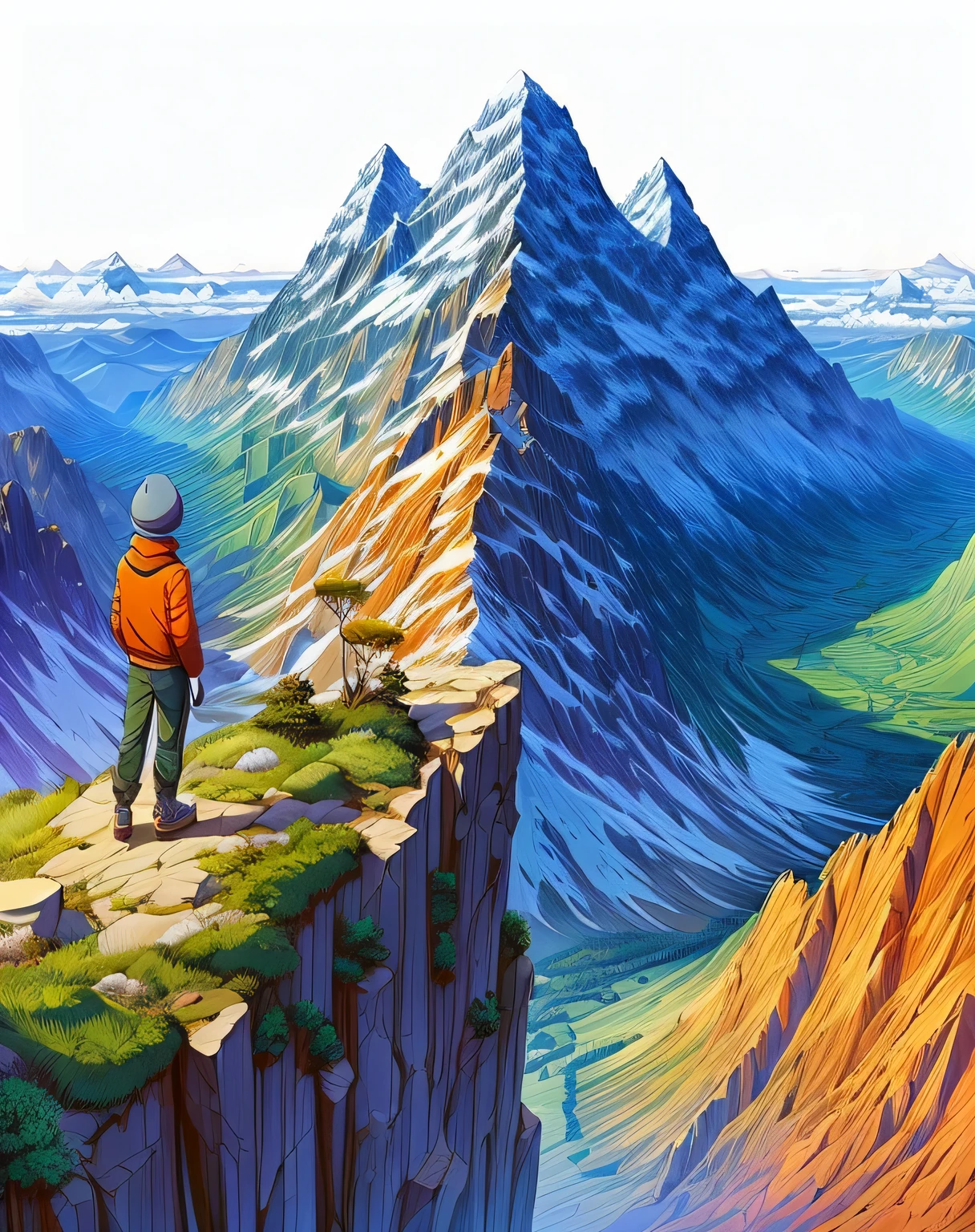 a man standing on a cliff overlooking a valley with mountains in the background, looking at the mountains, cyril rolando and goro fujita, a wanderer on a mountain, inspired by Cyril Rolando, cyril rolando and m.w kaluta, cyril rolando and m. w kaluta, jim warren and rob gonsalves, high in mountains
