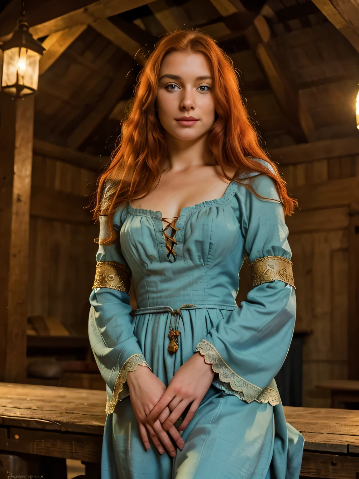 (A Beautiful woman), Blue Eyes, Upper Body Photo, Hyper realistic, Masterpiece, 8K, Intrincate Details, in the caucasian montains, Medieval Clothes, Detailed Clothes, Realistic Clothes, Red hair, Detailed Skin, Tranquility look, Tranquility Pose, Detailed Ambience, Night, Happy Expression, Interage in the ambience, Extraordinary Ambience, Film Grain, Masterpiece,