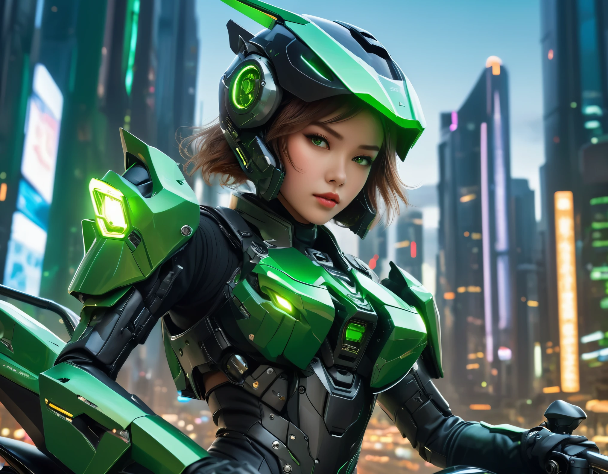 Highest image quality, outstanding details, ultra-high resolution, (realism: 1.4), the best illustration, favor details, highly condensed 1girl, with a delicate and beautiful face, dressed in a black and green mecha, wearing a mecha helmet, holding a directional controller, riding on a motorcycle, the background is a high-tech lighting scene of the future city.