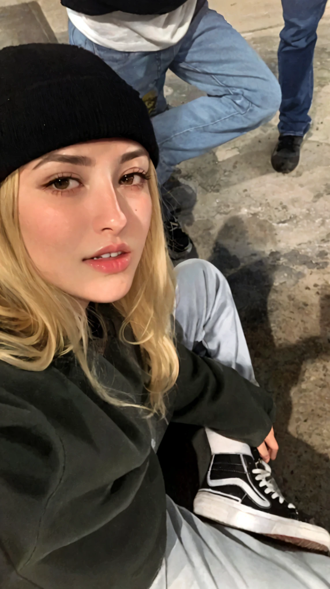 blond woman sitting on a bench with a skateboard in her hand, without makeup, ava max, taken in the early 2020s, profile image, alexa grace, very very low quality picture, viktoria gavrilenko, phoebe tonkin, anastasia ovchinnikova, sitting down casually, lorena avarez, 😭 🤮 💕 🎀
