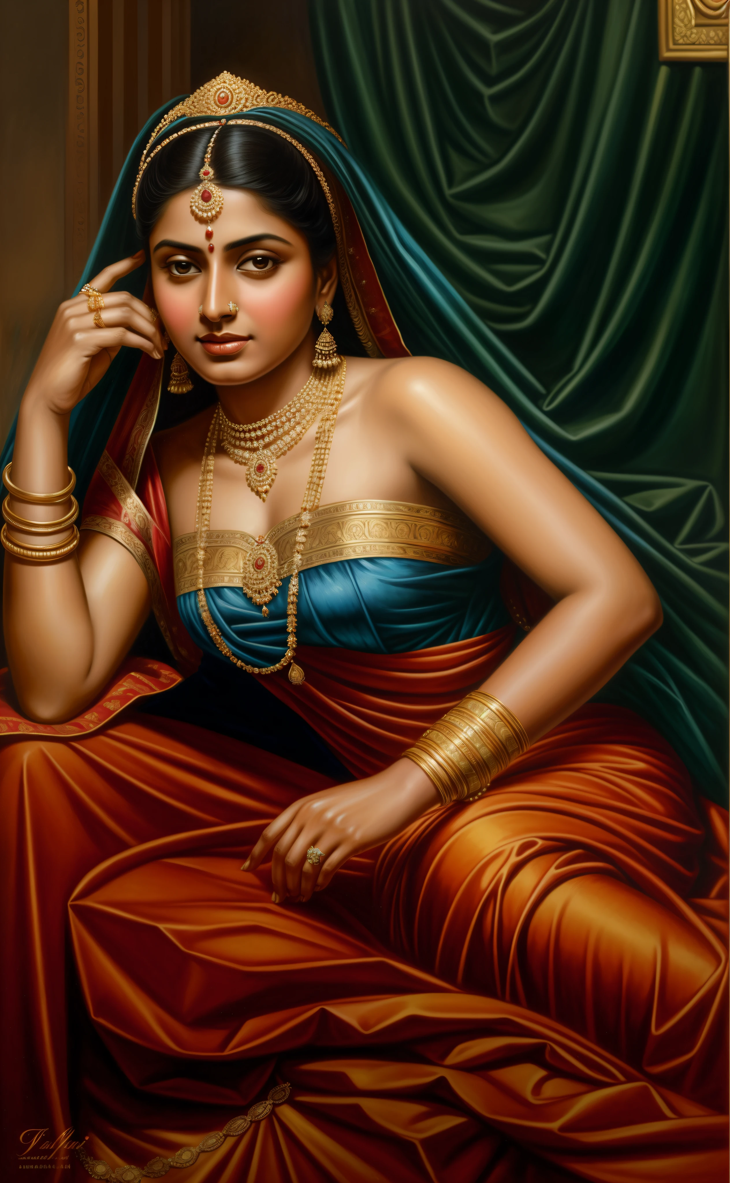 painting of a woman in a blue dress with a gold necklace, inspired by Raja Ravi Varma, by Raja Ravi Varma, portrait of a beautiful goddess, a stunning portrait of a goddess, portrait of modern darna, beautiful face , enchantress, ravishing beauty, perfect hands and fingers, charming, portrait of a goddess, indian girl with brown skin, portrait painting of a princess, gorgeous woman, oil painting of realistic woman, indian empress