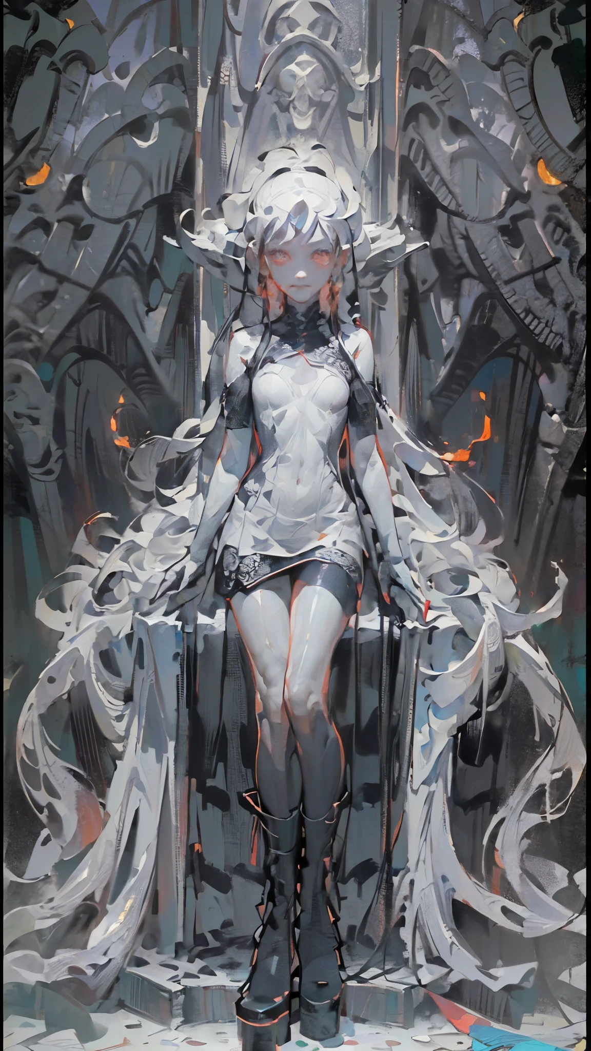 (((Create one girl 16+), (smoke, fire), (fantastic scene), (dramatic, lighting)))_(((Small miniature, full height), (thin graceful body, full height - standing) , (modern weapons), (beautiful figure)_(16+ years)))_(((Very beautiful girl, small peach breasts, graceful figure, narrow waist, smooth hips)), ((long double braids), ( tight braids), (braided hair), (dark hair, black hair)))_((Scarlet lips)), ((smile)))_(((Shiny skin:1.5, white skin)))_((sexy ), (erotic), (cute, kawaii)))_(((Bare shoulders, black lace dress)), ((black chiffon dress, very short dress))_(((tight-fitting), (sheer lace dress )), ((stands almost completely with a small amount of clothing)), ((tiny thongs)), (arms in elbow pads, palms wearing tactical gloves), (legs in combat knee pads, thigh-high stockings)), ((massive leather lace-up boots)), ((looks at the viewer)))_(((Dark background, realistic painting, digital painting, high quality))_((Background, fantastic ship lock, (films; Lucas Arts, R.S. Giger "Alien", Giger's monsters)), (stunning scene in a spaceship)), ((decorative dark background)), ((stunning white alien lilies), (extremely unusual)), ((spaceship, skulls)) , ((white lilies - large stems)))_(((Bright colors, cool soft shadows), (warm contrasting light, bright theme)), ((high contrast, photorealistic graphics: 1.37)),((digital painting, oil painting, wide wet stroke)), ((painting-professional execution)))_ (((Cinematic, digital painting), (soft clear forms, wide stroke, attention to detail), (clear elegant line, color fill)) )_(((High quality, 16K | Ultra HD | Full HD, cinematic rendering))).
