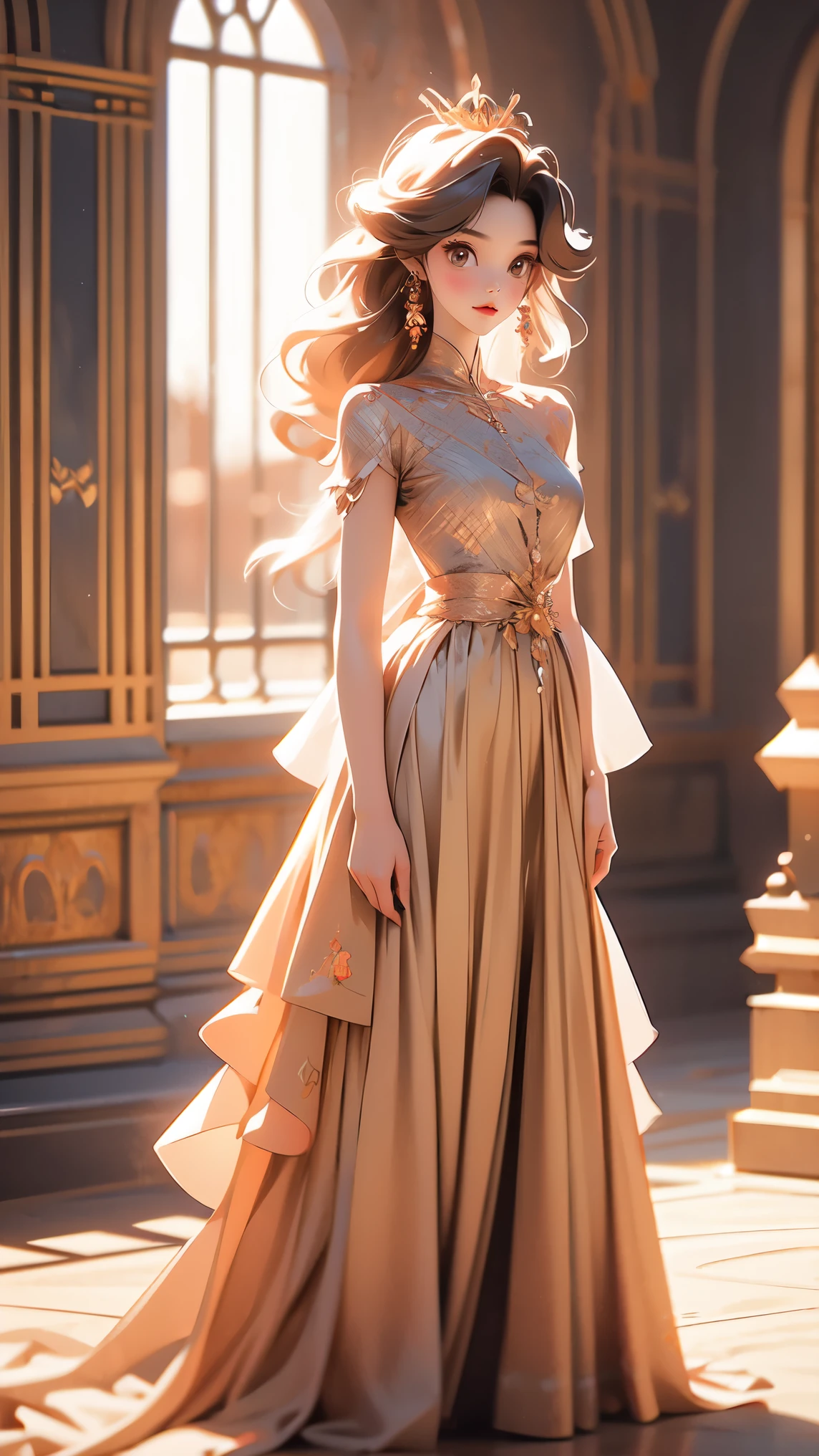 a girl,wearing a long skirt,make up,Elegant and noble,Outside the castle,Disney girl,Beautiful low saturation pixar,Super detailed anime costume,edge lighting,Art station Seraflur,solid color background,soft focus,best quality,3Drendering -v 5.1 --s 50 --ar4:5 --zoom 2
