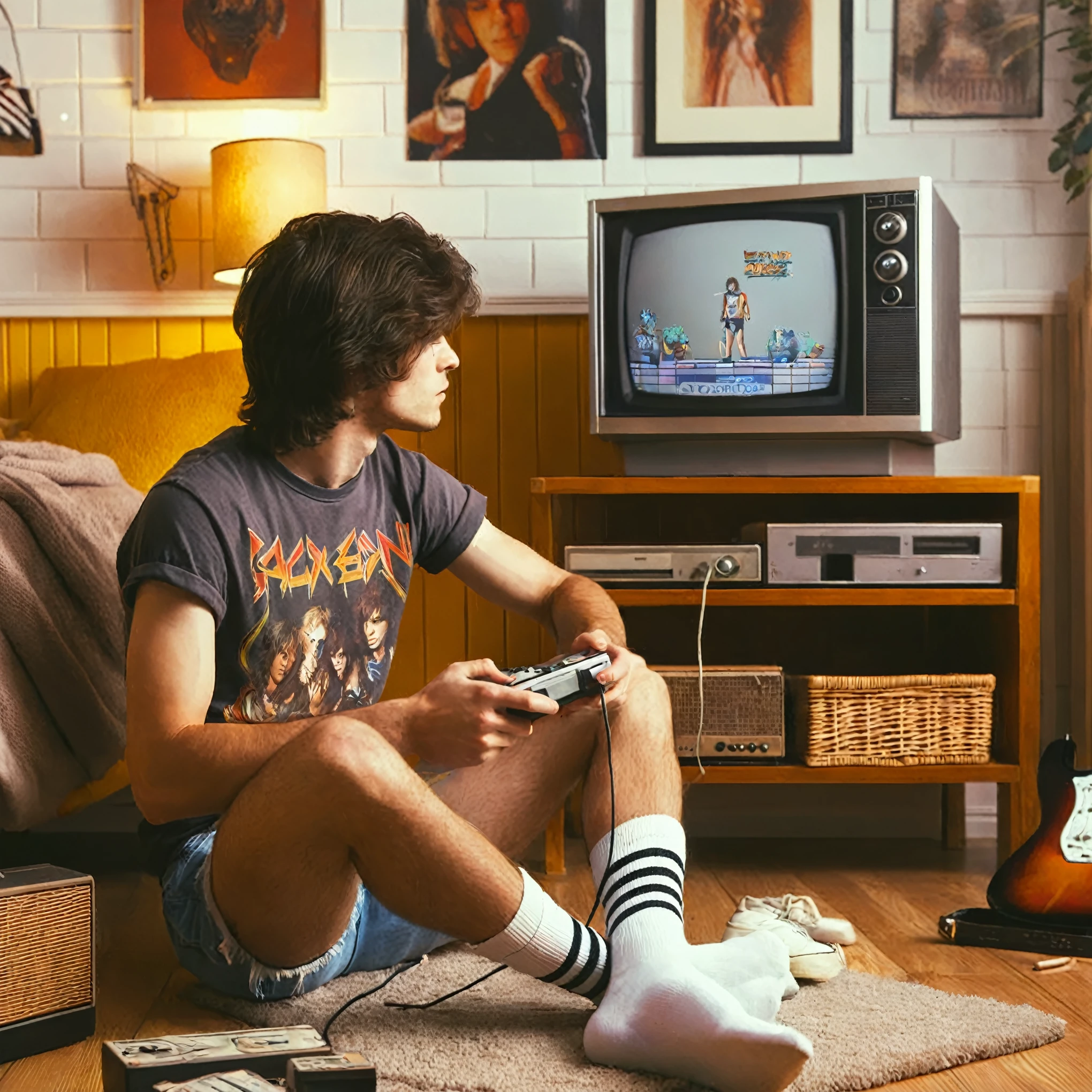 realistic, masterpieces, arafed man sitting on the floor playing a video game, gamer aesthetic, teenager's room ((posters with women and rock bands)), 1980s style , young man sits in front of TV and plays retro game on retro console, wearing short shorts and t-shirt with rock band, realistic photo, retro game on tv screen, old console,