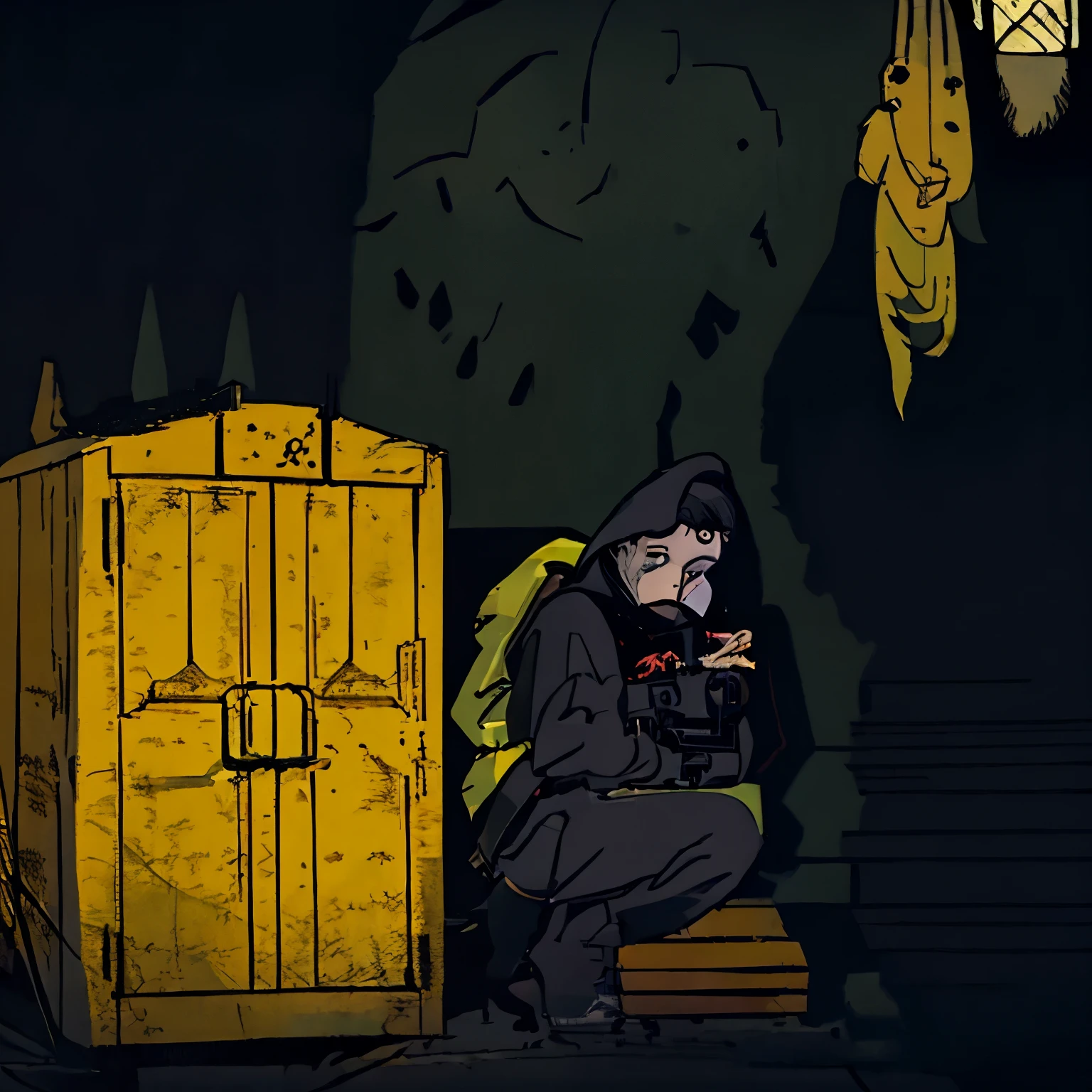 girl with black hair and a black hoodie, frightened and crouching behind a green dumpster. She is clutching her chest while breathing heavily, as if in a state of panic.