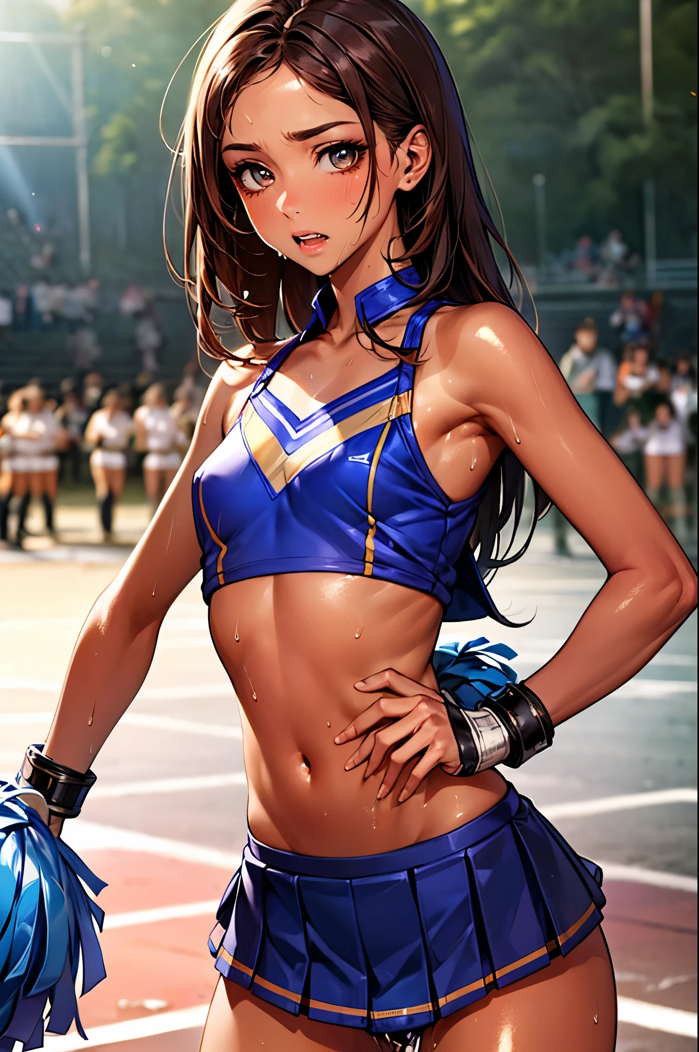 nsfw,((bdsm,black shackles:1.3,Lock)),((perfect anatomy,realistic,:1.3,RAW Photography:1.3,masterpiece、highest quality、Ultra - High resolution、High resolution、Highly detailed CG、8K)),cowboy shot,1 female,solo,20 year old beauty,((beautiful detailed face and eyes,big gorgeous eyes),dark brown eyes,open mouth,drooling,((brown hair,long hair,forehead,center parted hair:1.2、straight hair)),(medium breasts,slender body,small head:1.3,skinny,tan skin,gleaming skin,oily skin,shiny skin,sweat:1.7),(((Cheerleader,blue Cheerleader uniform,love juice:1.3)),Audience seats、arena、