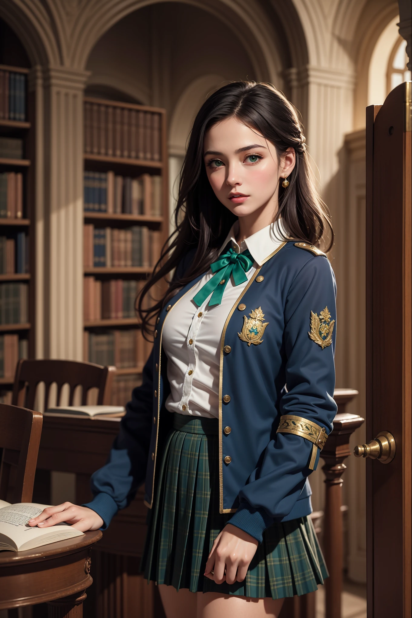 ((photorealism, high quality, detail, masterpiece, best quality:1.2)), (more than half of the body) A young aristocrat girl from a fictional European medieval aristocracy, a student of the Academy of Magic, looks at us with seductive eyes ... (she stands half-turned, holding her skirt with her hands), dressed in a student uniform, (dark blue) short jacket made of fabric (velvet) ((gold trim, patch on the sleeve)), (green) a plaid pleated skirt (dress), (black) thick hair braided to one side, green eyes. Magical atmosphere, Magic Academy, ancient library, fantasy art, this work is done in very realistic colors.She is characterized by artistic expressiveness.