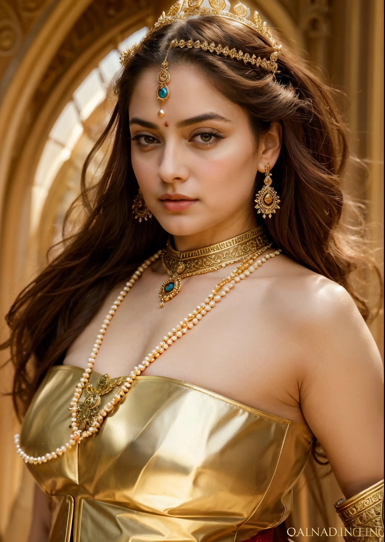 Looks like Sandeepa Dhar, "Design an illustration of a stunning and powerful warrior queen with a regal presence. She should possess a combination of strength and grace. Imagine her in ornate, yet practical armor that complements her figure. The armor should be adorned with intricate details and symbols representing her royal lineage and warrior prowess. Her weapon of choice could be a unique and elegant sword or a mythical weapon that reflects her status as a formidable leader.
Her facial features should exude confidence and determination, with piercing eyes that convey both fierceness and wisdom. The queen's hair, whether long or short, should flow dynamically, hinting at her movement in battle. Consider incorporating elements that emphasize her connection to nature or a mythical realm, such as ethereal backgrounds, symbolic animals, or mystical symbols.
Pay attention to the color palette; use rich, bold colors that enhance her royal aura. Experiment with lighting to highlight specific details and create a sense of drama. Ensure that her posture and expression capture the essence of a queen who commands respect and admiration. Feel free to draw inspiration from historical warrior queens or fictional characters, blending elements to create a unique and captivating image."