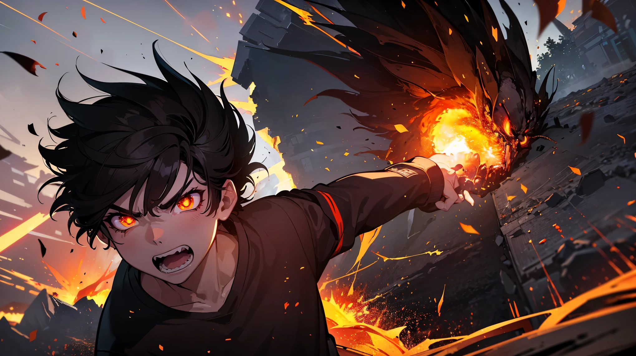 (a 16 year old ???:1.1), (powering up:1.1), (shouting in anger:1.1), (destroying:1.1) nearby natural surroundings, (immense power:1.1) and (aura:1.1), (intense energy), (crumbling earth and trees:1.1), (falling leaves), (dust and debris flying), (roaring winds), (earth shaking), (angry expression), (rising energy waves), (bright glowing eyes), (torn ground), (expressive body language), (fury and rage), (dynamic action poses), (dramatic lighting), (dark clouds), (fiery sparks), (cinematic explosion effects), (intense sound effects), (dramatic colors:1.1), (vivid hues), (emphasized contrast), (tension and chaos).