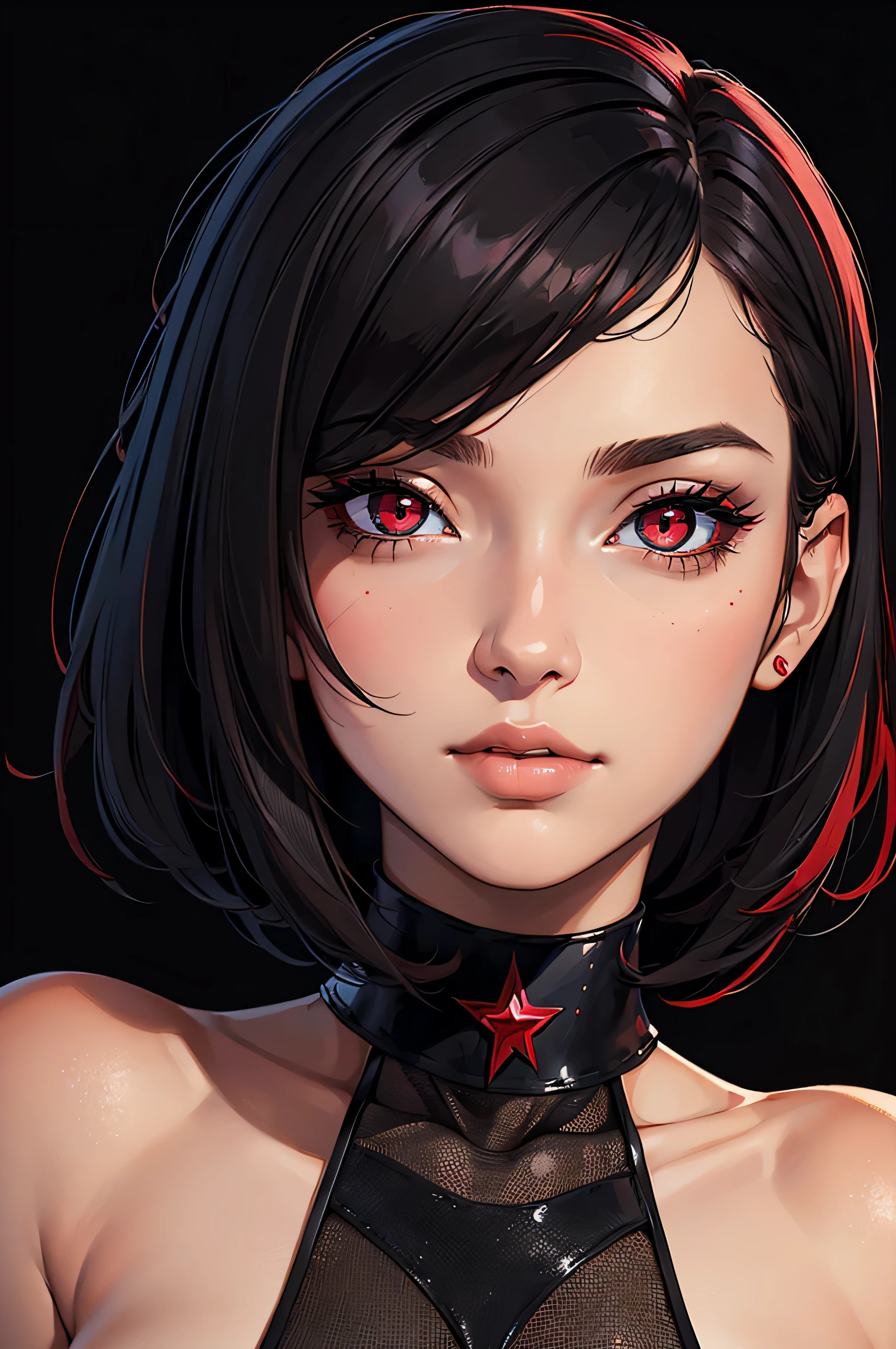 , (masterpiece:1.3), ((best_quality)), (absurdres), 1girl, portrait, simple_background, black_background, 
red sparkling eyes, tousled short black hairstyle