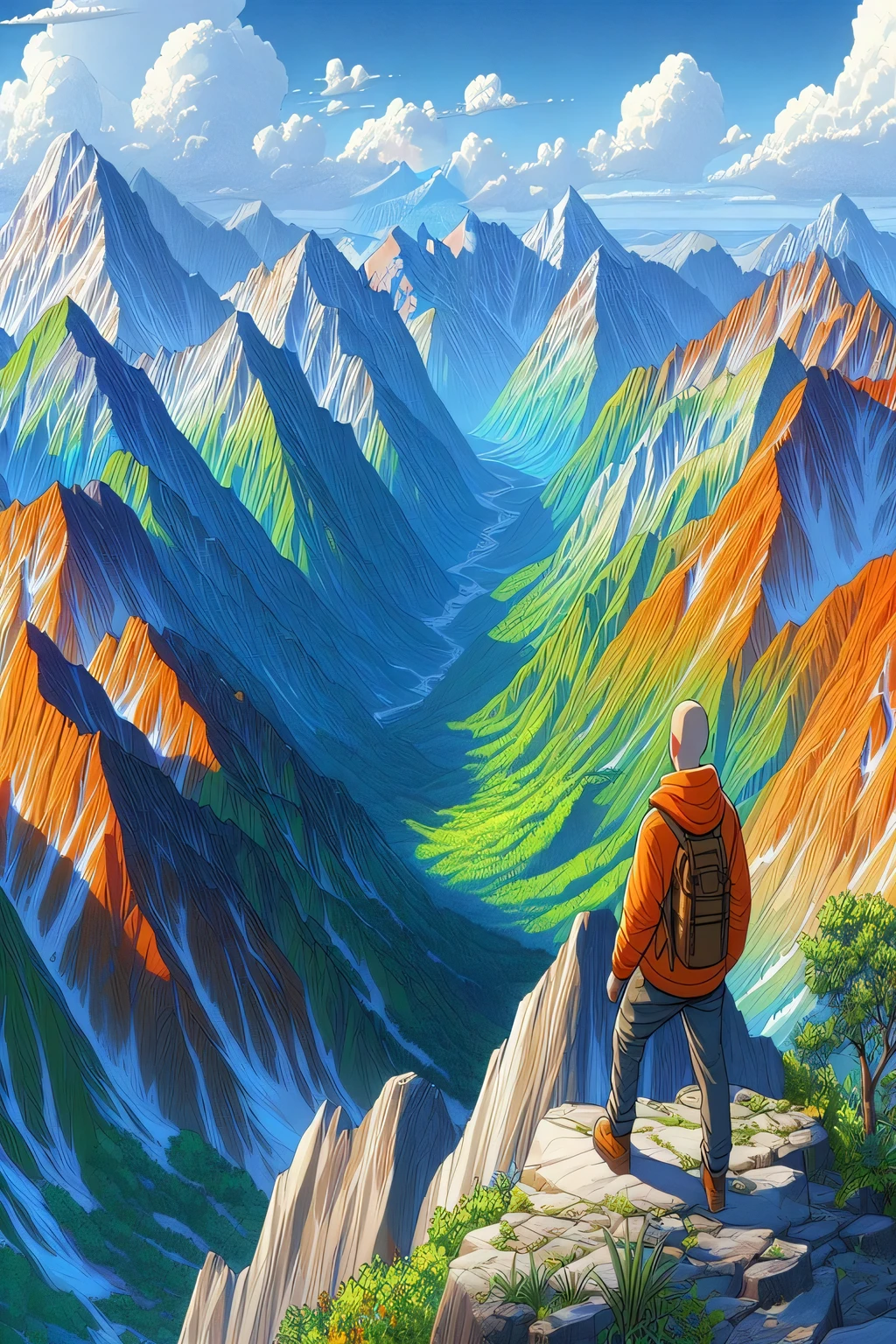 painting of a man standing on a mountain top looking at a valley, looking at the mountains, traveling through the mountains, a wanderer on a mountain, high in mountains, amazing wallpaper, high mountains, inspired by Brothers Hildebrandt, detailed painting 4 k, highly detailed digital painting, high in the mountains, by Alexander Kucharsky, inspired by the Brothers Hildebrandt